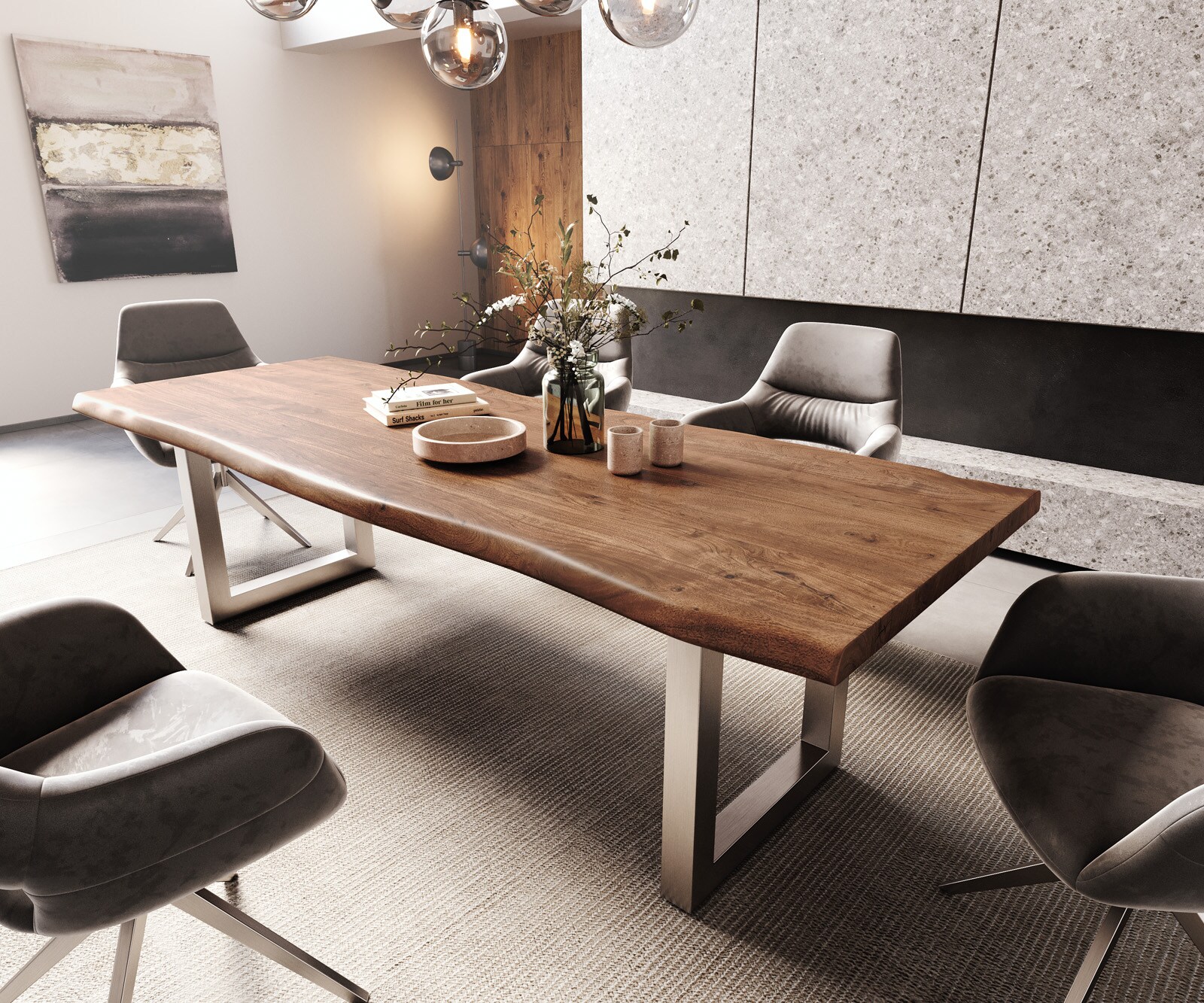 Трапезна маса Edge 260x100 XL от акация, кафява, неръждаема стомана, широка, с естествени ръбове 1