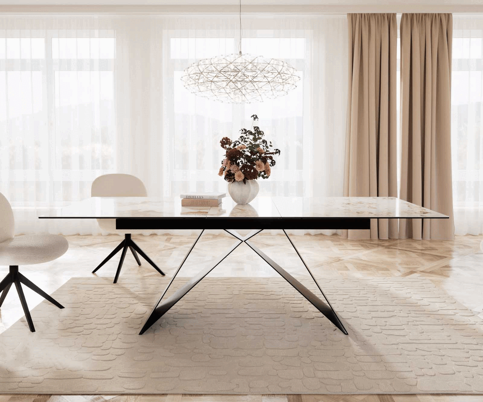 Разтегателна трапезна маса Edge 180-220x100 Керамика Minas Melange Бял-Бежов V-Основа плоска стомана Черен   2