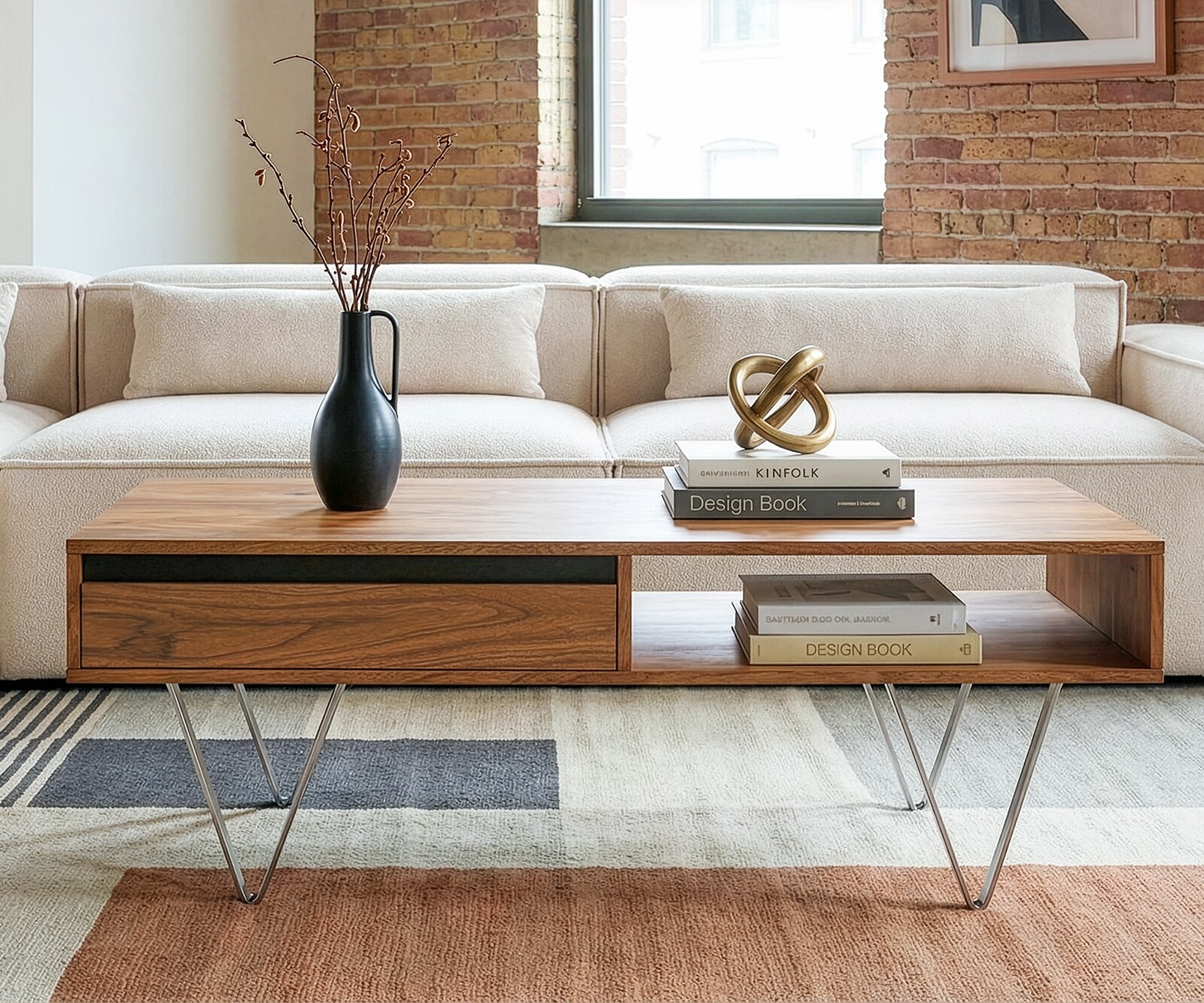 Масичка за кафе Stonegrace 115x60x35 cm естествена акациева плоча 2 чекмеджета 1 рафт 2