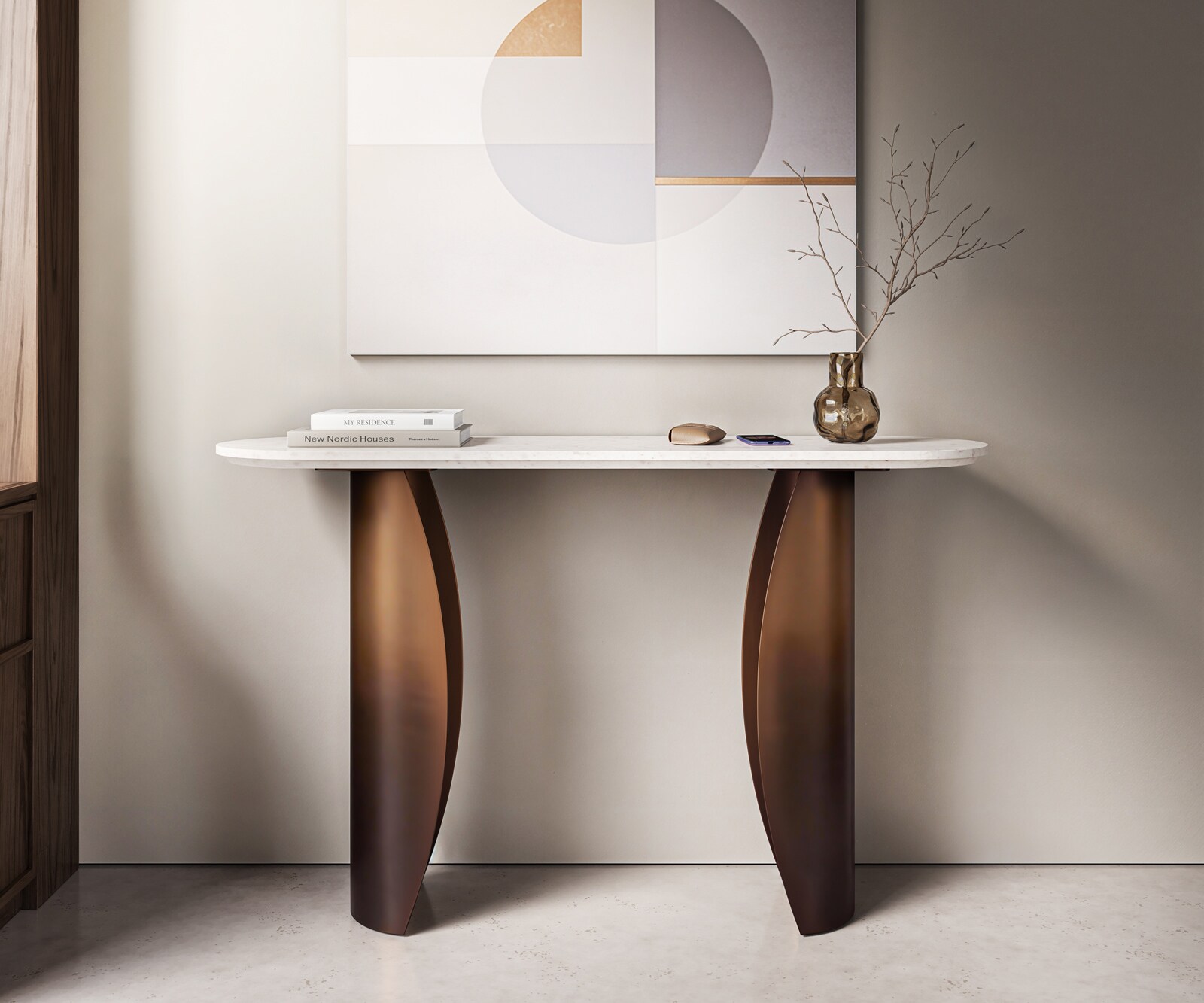 Конзолна маса Solena 135x40 см, бял мрамор и метал със златисто покритие Fusion 1