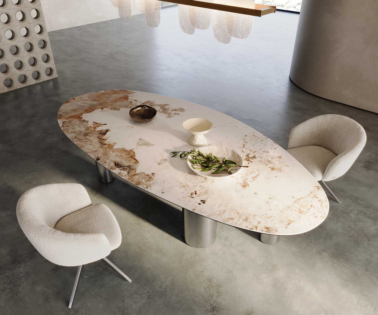 Маса Oval 280x130 Keramik Minas Melange Бял-Бежов Pilier Неръждаема стомана Edge