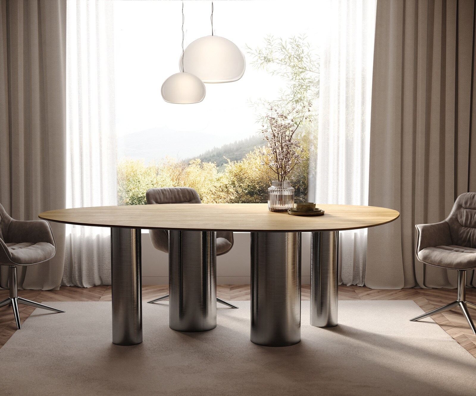 Трапезна маса Edge Oval 220x120 Керамичен ламинат® Sabbia Дъбов цвят Pilier Неръждаема стомана Графит 1