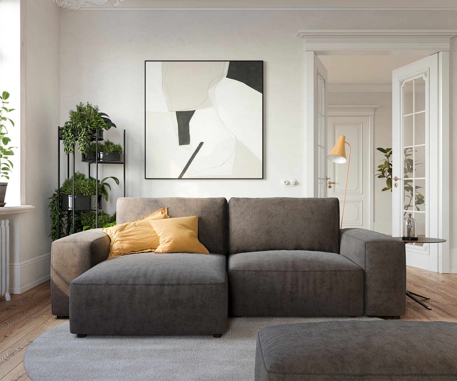 Ъглов диван Lanzo L 230x155 см Микрофибър Каки-Кафяв, Лява/Дясна Лежанка, с табуретка 1