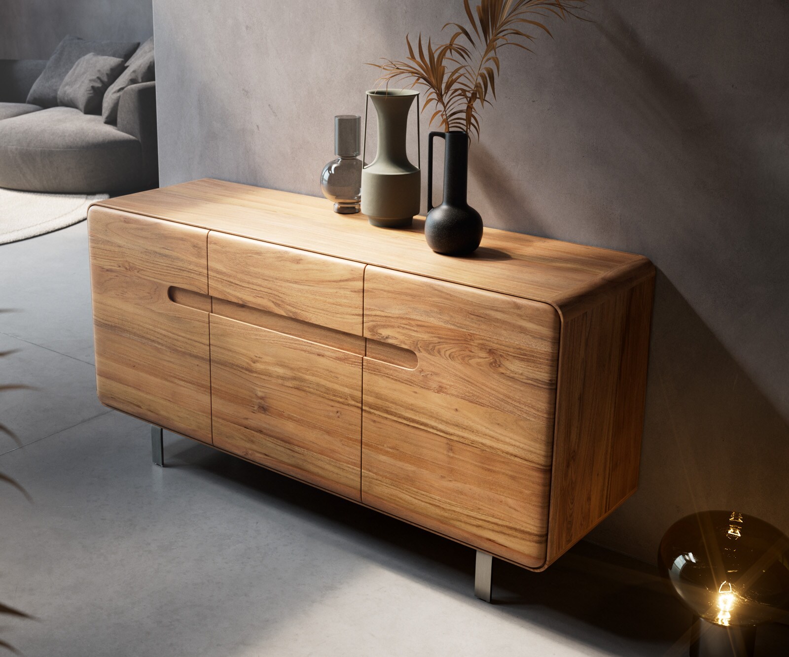 Бюфет Anaya 145 cm естествена акация 3 врати L-крак неръждаема стомана 4