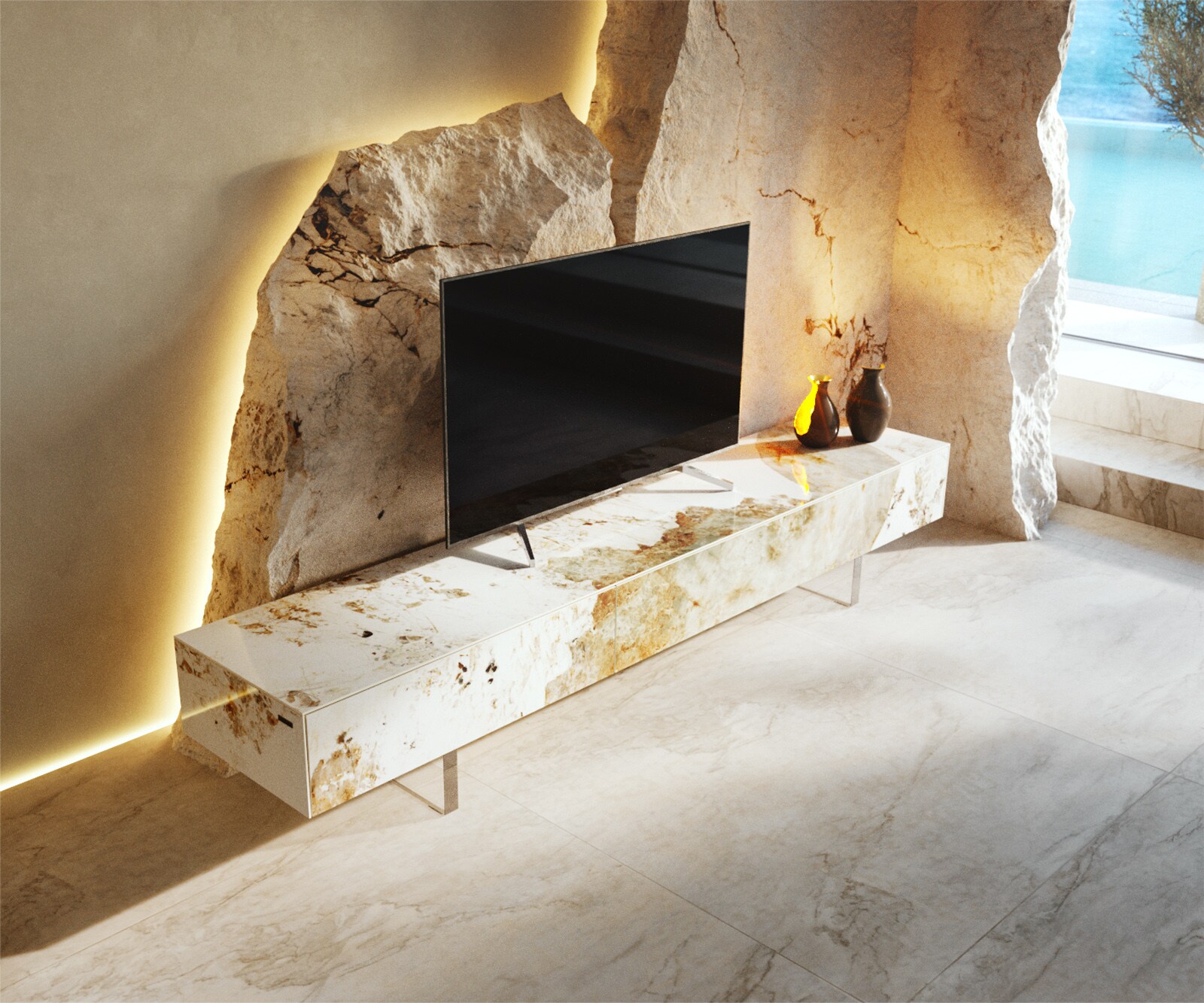 Ниска дъска Cuor 200 cm Керамика Minas Melange Бяло-бежово 1 клапа 1 чекмедже Основа Плаващ вид акрилно стъкло 3