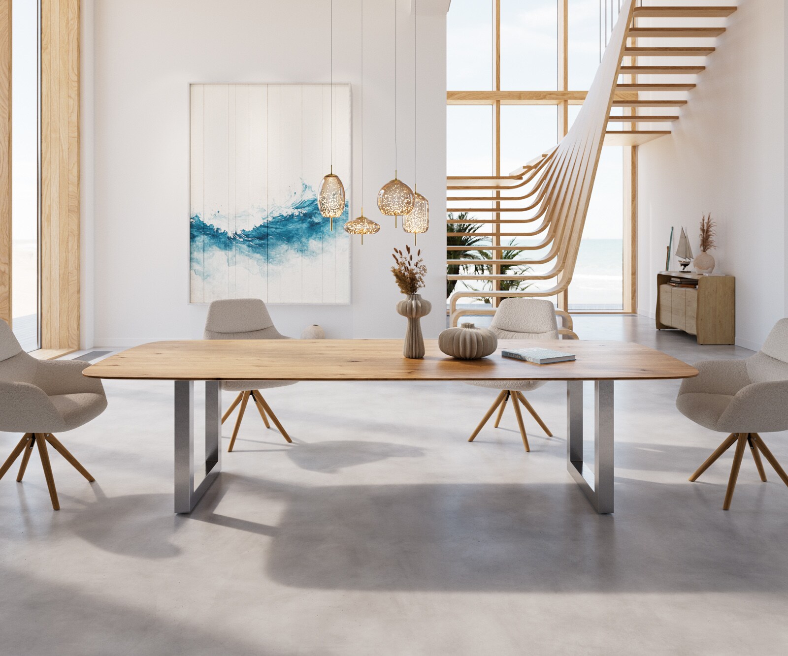 Маса Boot 300x100 Дъб Натурал Неръждаема стомана Широк профил Швейцарски ръб Edge 1