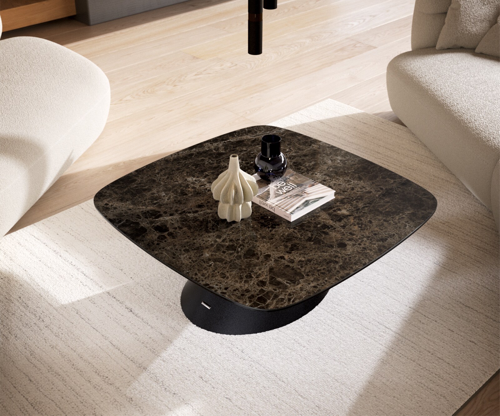 Масичка за кафе Edge Boot 90x90 cm керамика Laminam® Emperador Extra Lucidato Тъмно кафяво Conis Metal Black 4