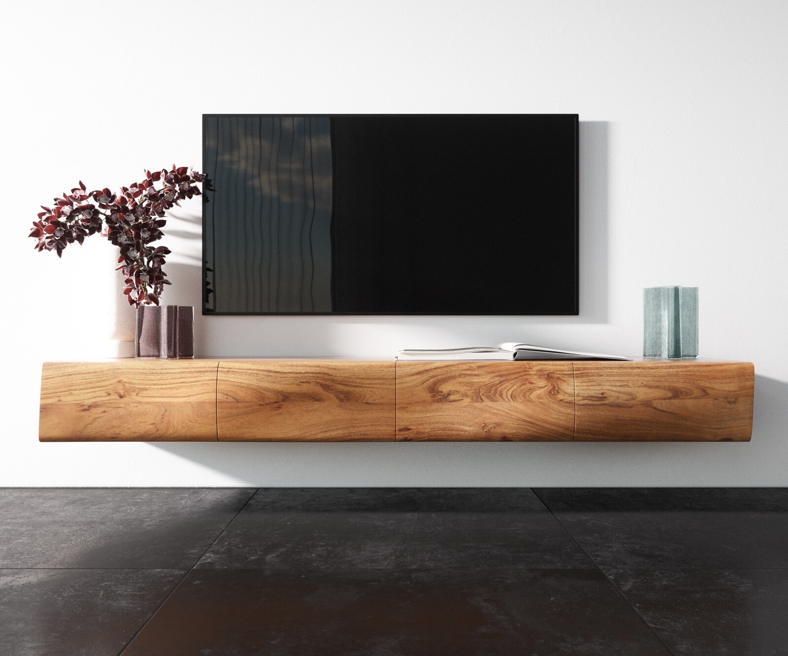 Стенен ТВ шкаф New Live-Edge 175 cm, Естествен ръб, Масив Акация, 4 Врати, Натурален цвят 3