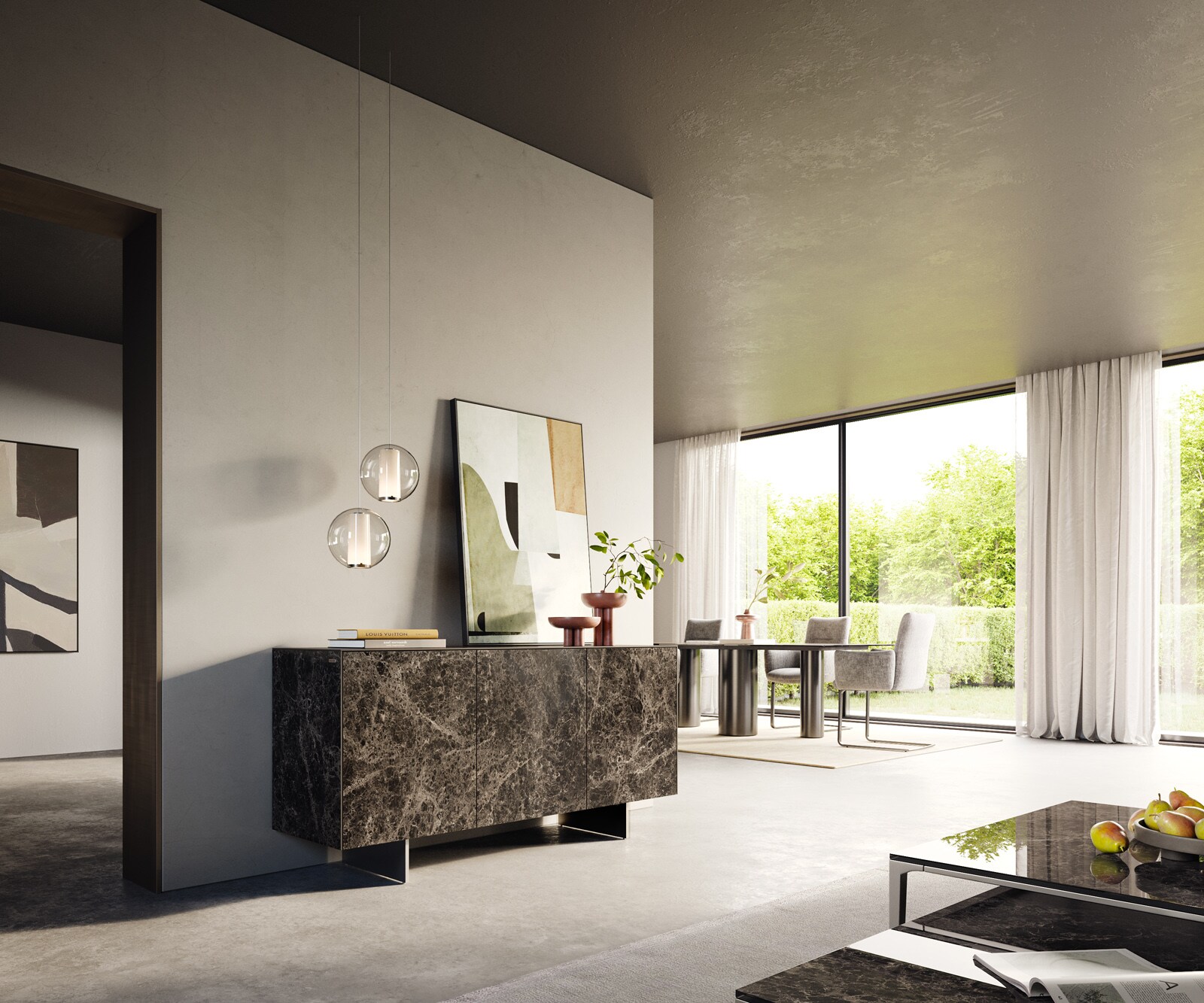 Бюфет Cuor 150 cm Керамичен ламинат® Emperador Extra Lucidato Тъмно кафяво 3 врати Основа Плаваща неръждаема стомана 6