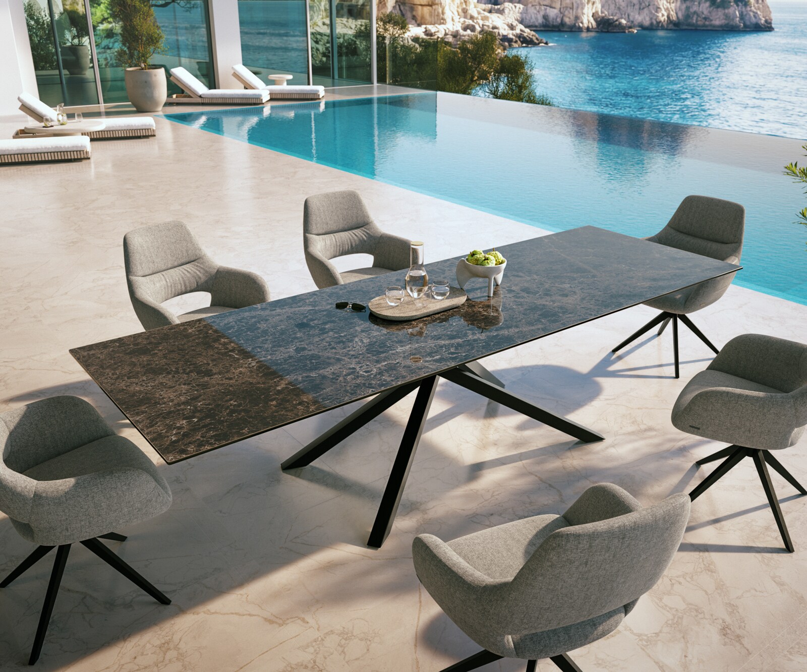 Луксозна външна маса Edge 300x100 см, керамичен правоъгален плот Laminam ® Emperador Extra Lucidato, Kръстовидна основа, Тъмнокафяво/Черна 3