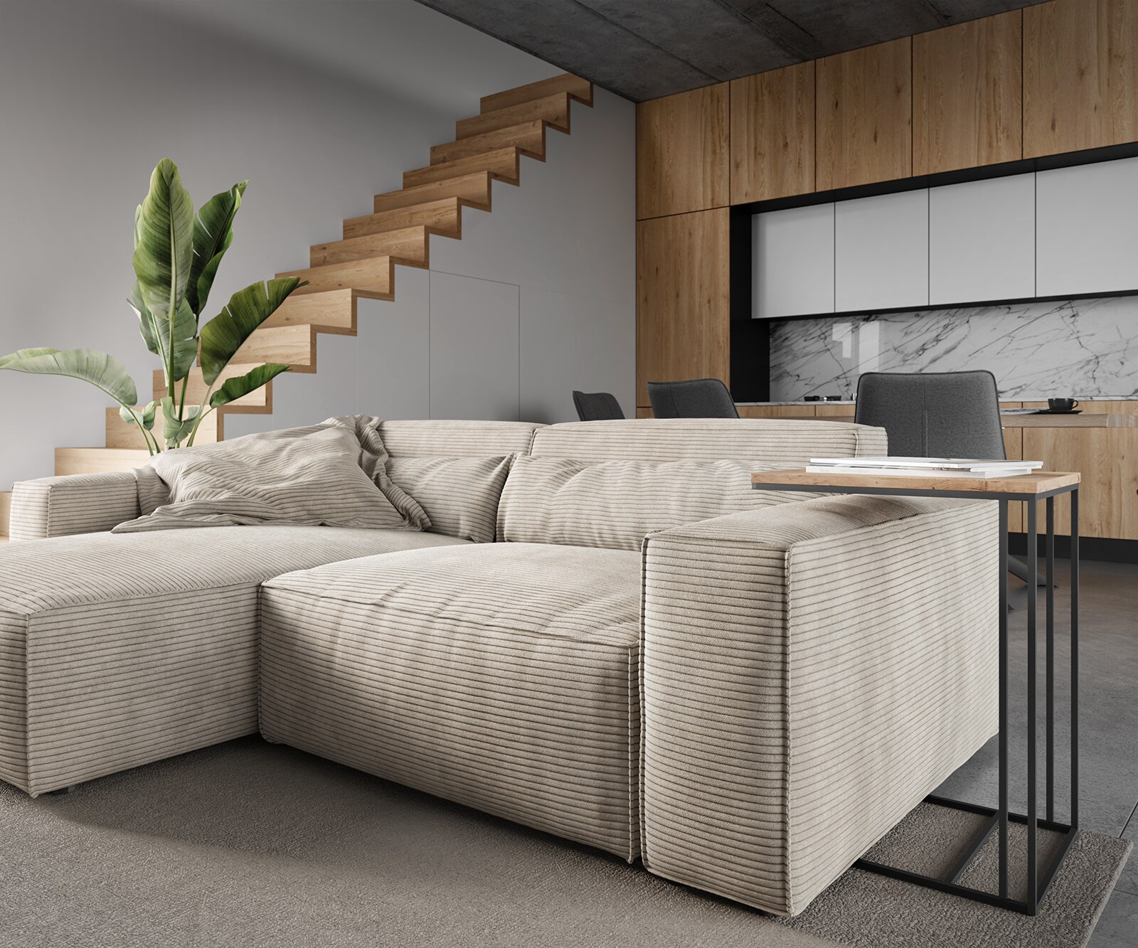 Ъглов диван L 260x160 cm Корд Бежов Варианти лежанка с табуретка Sirpio 5