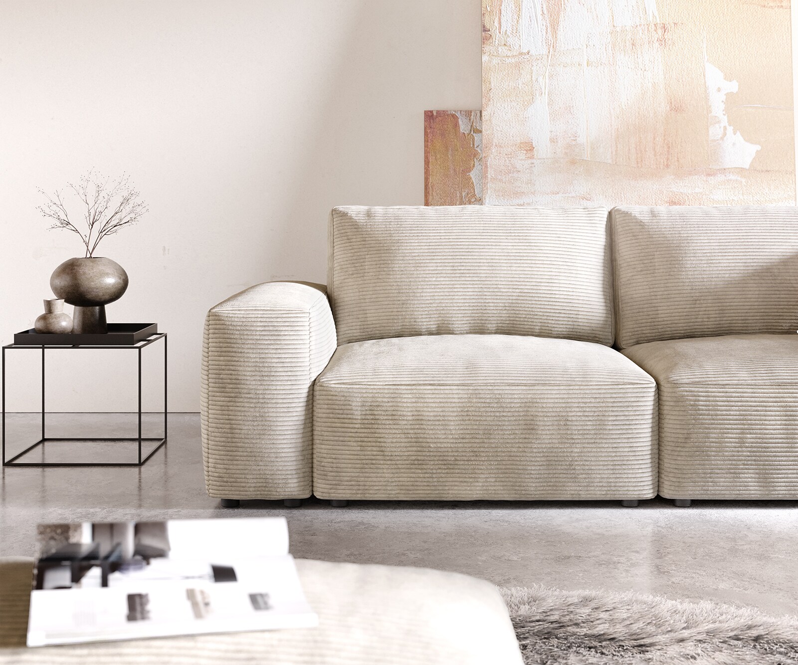 Голям диван Lanzo L 230x95 см Рипс Бежов с табуретка 4