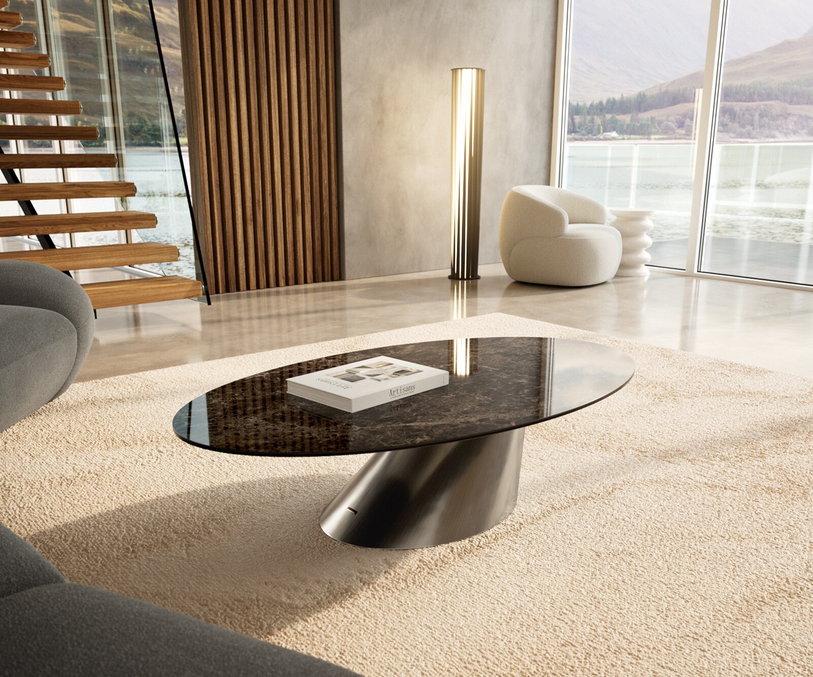 Масичка за кафе Edge Oval 140x80 cm керамика Laminam® Emperador Extra Lucidato Тъмнокафяво Conis матирана неръждаема стомана