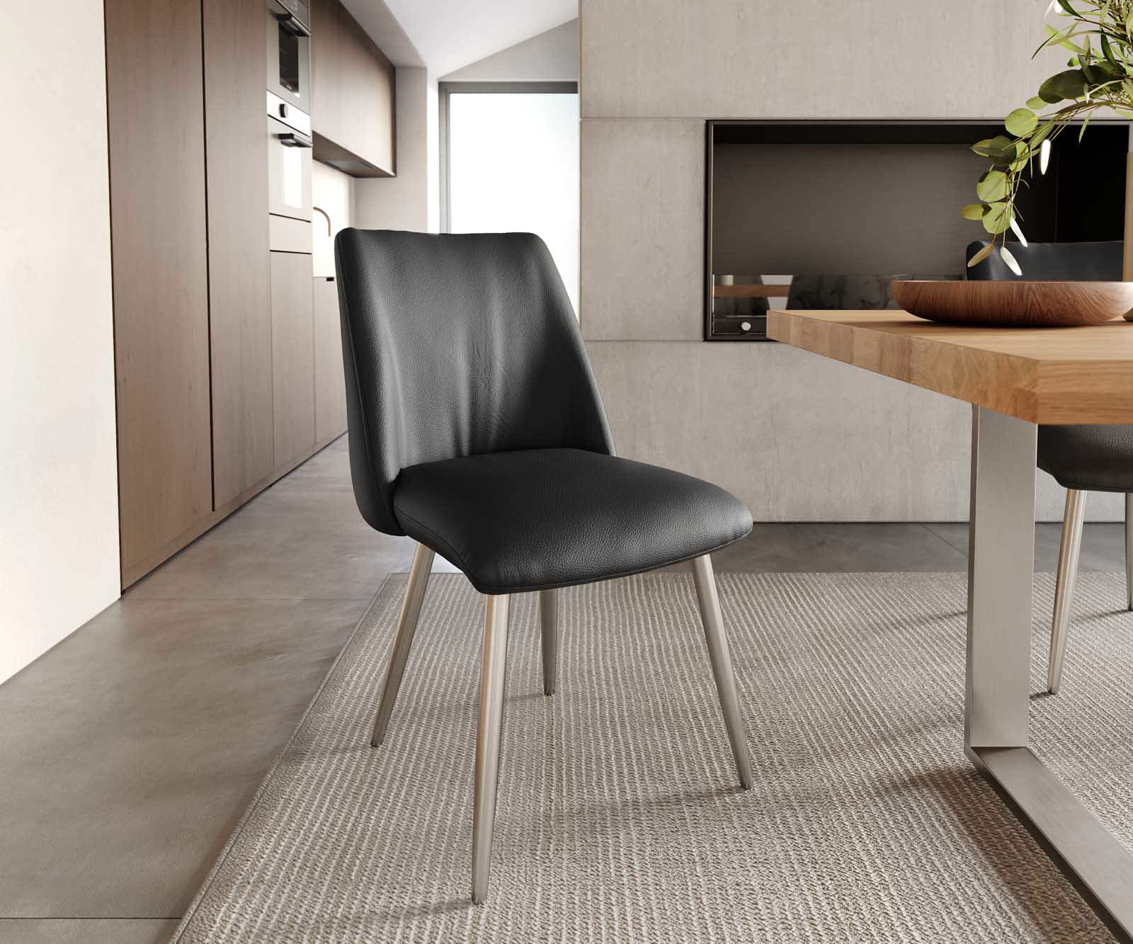 Трапезен стол Естествена кожа Черен 4 крака конични Неръждаема стомана Покет пружина Elso-Flex Трапезен стол Естествена кожа Черен 4 крака конични Неръждаема стомана Покет пружина Elso-Flex