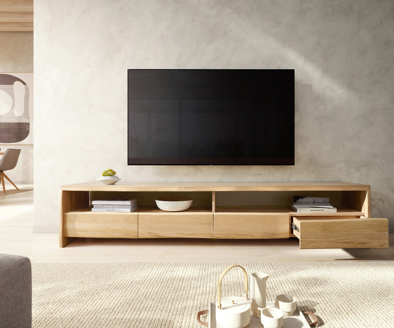 ТВ шкаф Live-Edge 230 cм Масив Дъб, 4 чекмеджета,2 ниши, Натурален 4