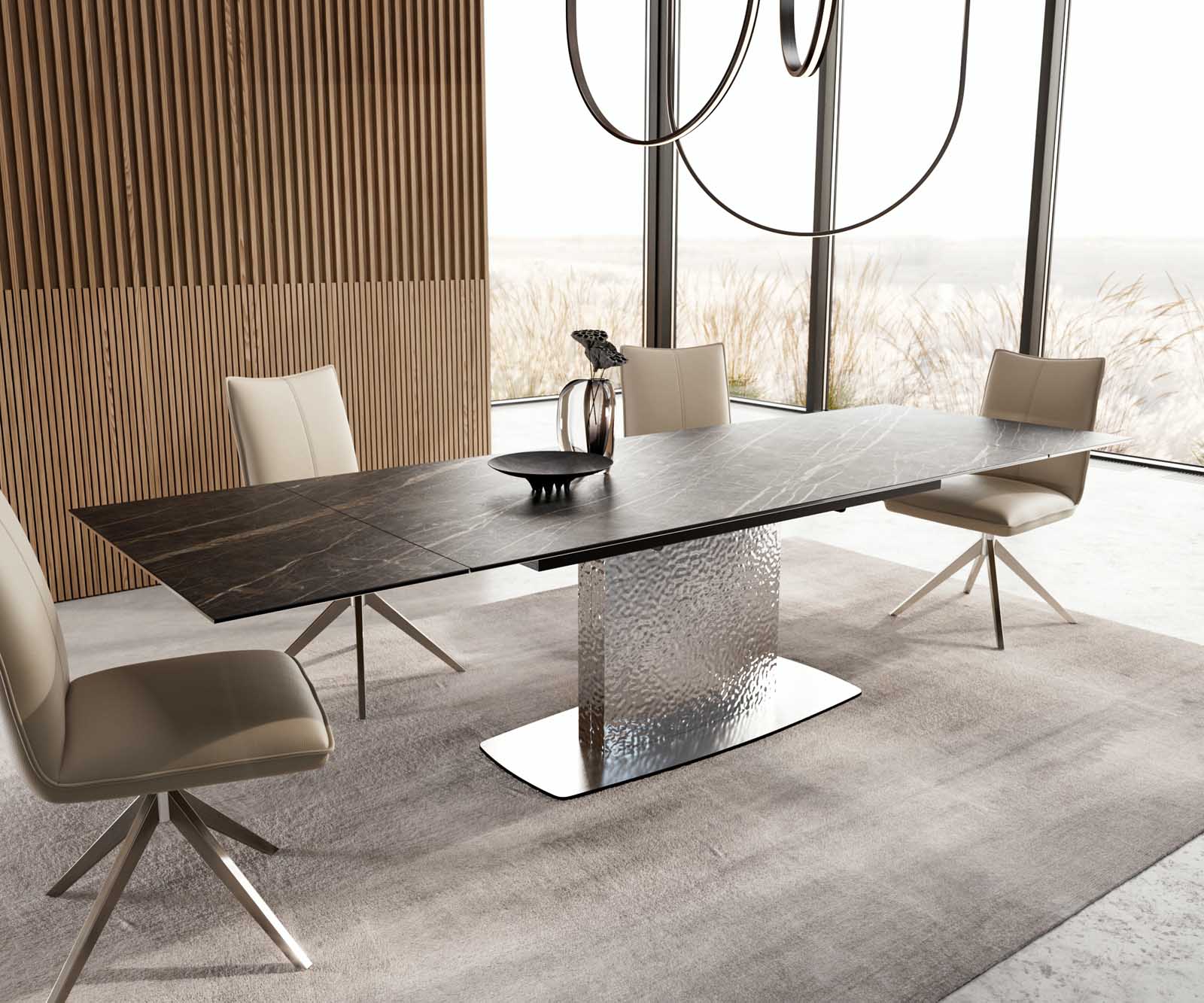 Разтегателна трапезна маса Edge 200-300х100 см Керамика Laminam®Noir Desir Тъмнокафяв Един крак основа Сребристосив 6