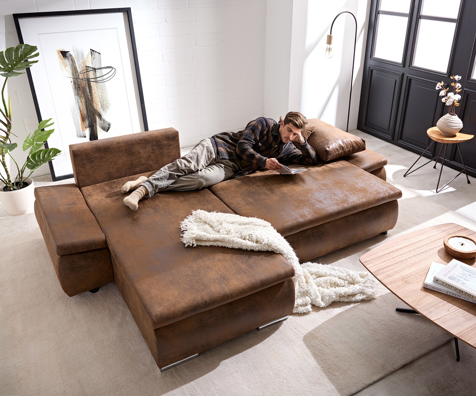 Ъглов диван Abilene 260x175 cm Кафяв Османски вариатор с функция за сън 3