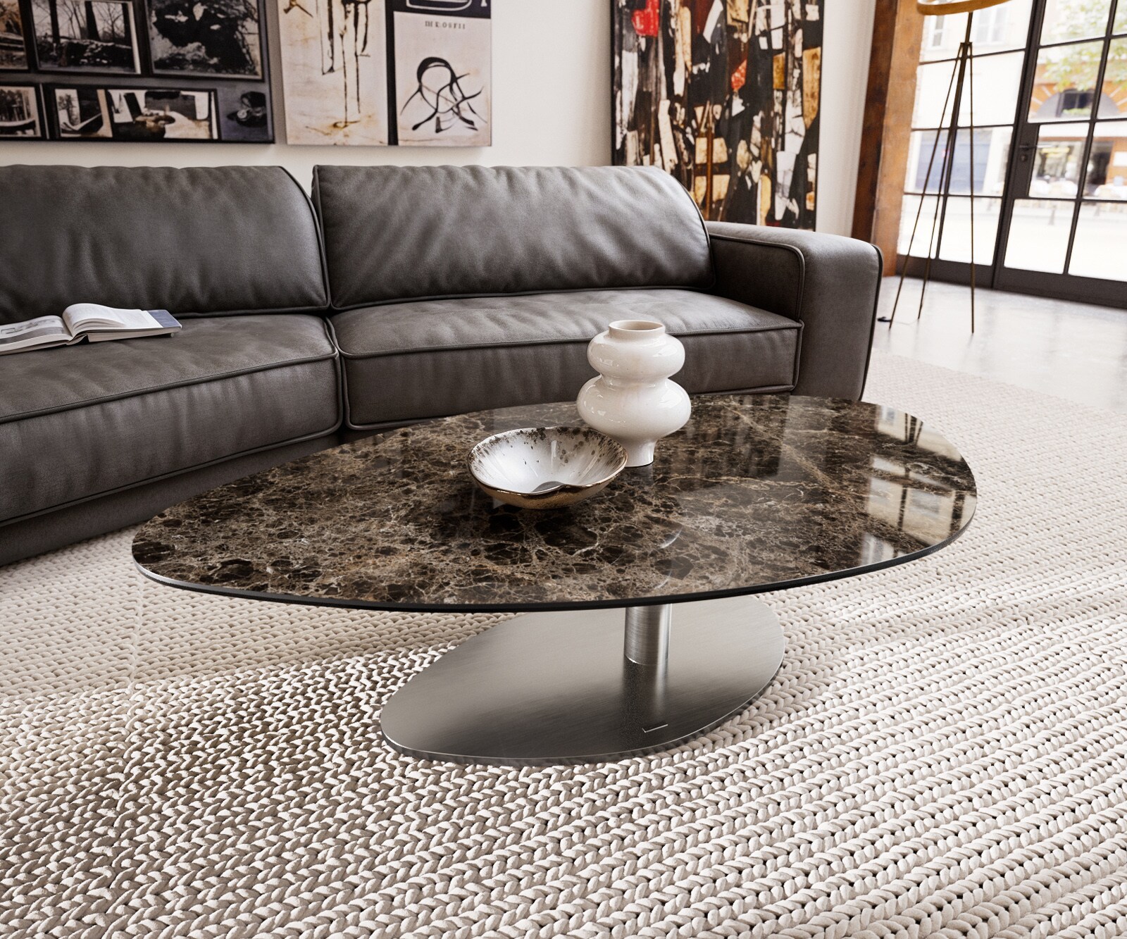 Масичка за кафе Edge Organic 140x76 cm Керамичен ламинат® Emperador Extra Lucidato Тъмно кафяво Vibany Матирана неръждаема стомана 2