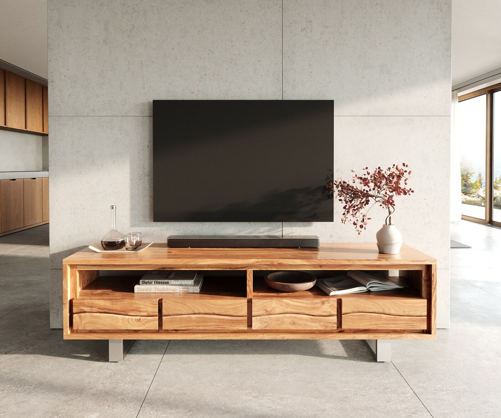 Нисък шкаф 190 cm Акация Натурал 4 Чекмеджета Live-Edge 1
