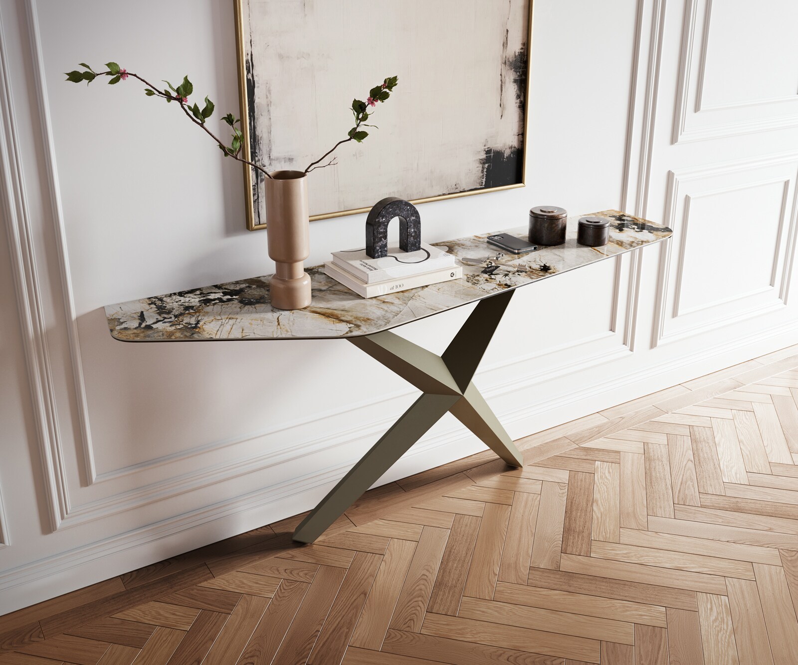 Конзолна маса Edge Polygonal 180x50 см, керамика Patagonia, полирана, Zentharo, метално покритие с ефект титан 4