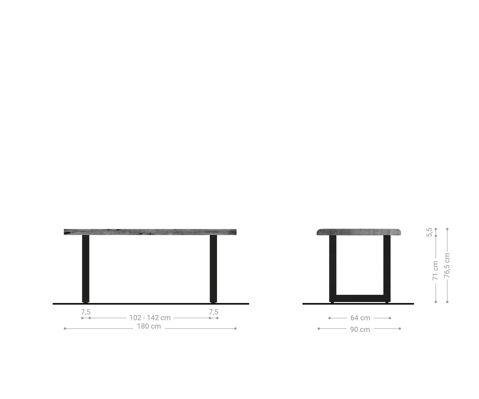Трапезна маса Edge 180x90 XL от естествена акация с неръждаема стомана и широка естествена кромка 8