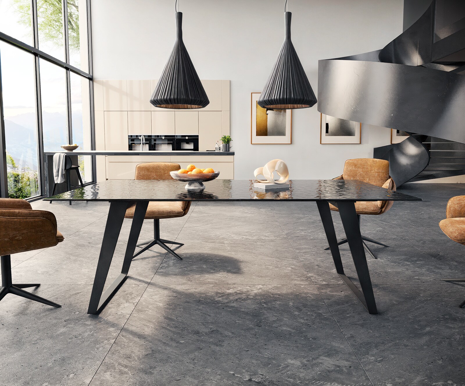 Трапезна маса Edge 200x100 релефно стъкло, опушено черно 3D дизайн метален ъгъл черен 1