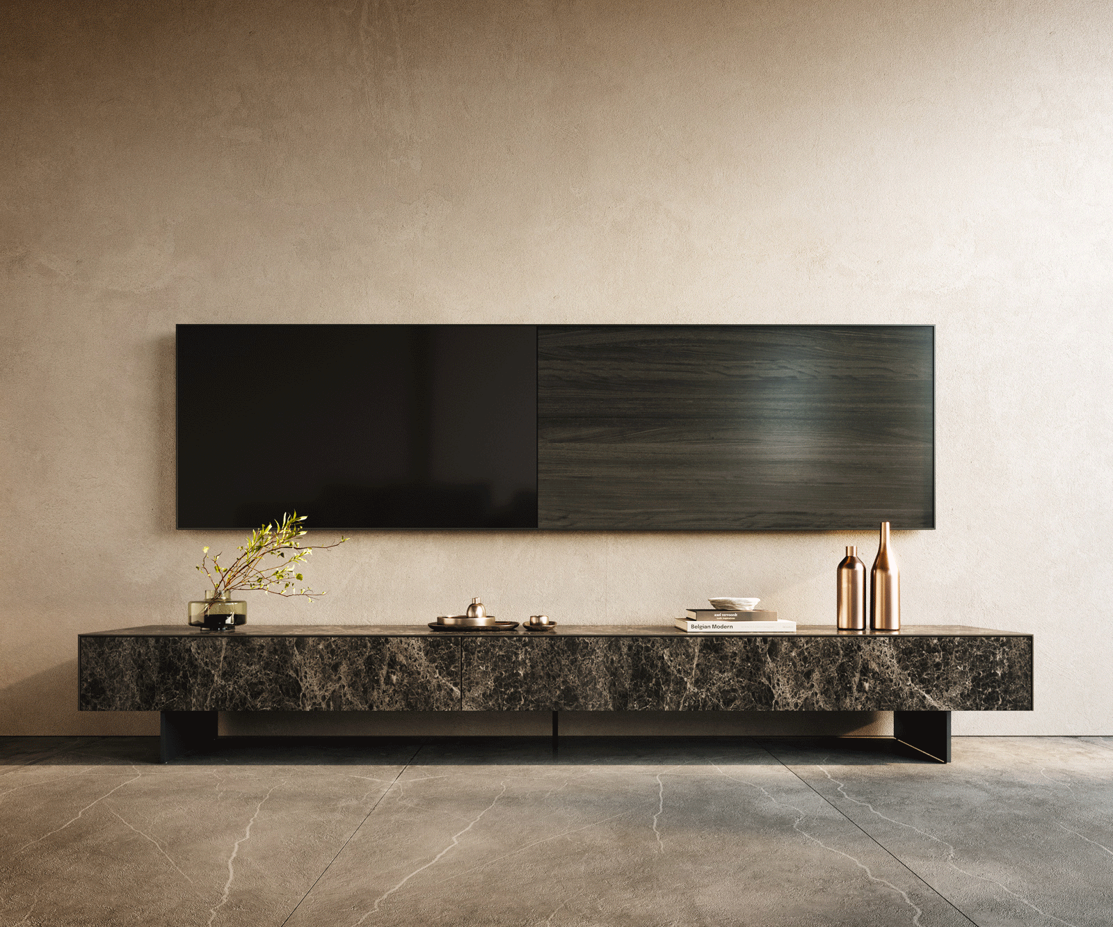 Ниска дъска Cuor 250 cm Керамичен ламинат® Emperador Extra Lucidato Тъмно кафяво 1 клапа 1 чекмедже Основа Окачен вид Метал Черен 2