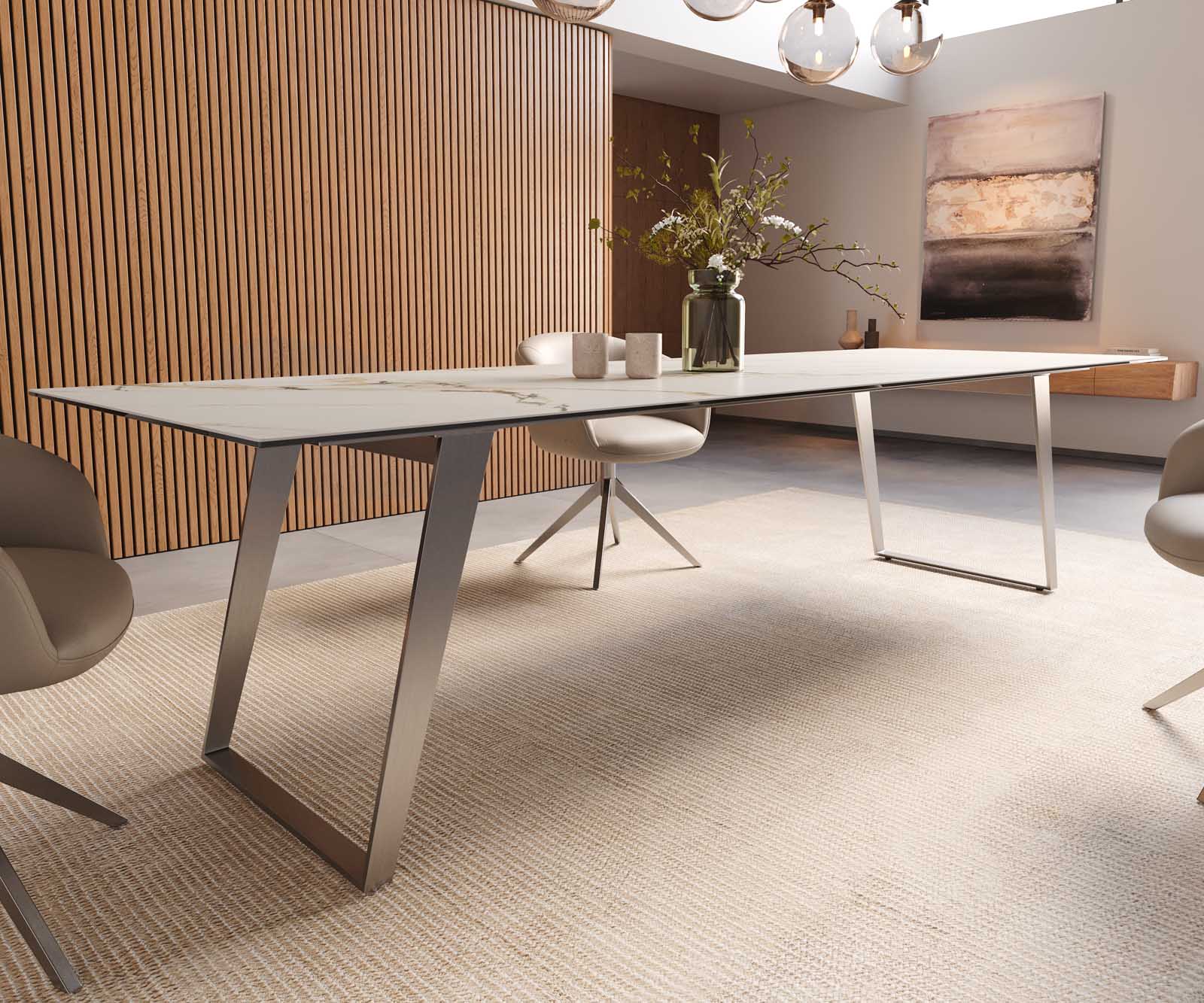Трапезна маса Edge 300x100, керамика Calacatta Luxe, бяло-златно-сиво, неръждаема стомана, наклонена 7