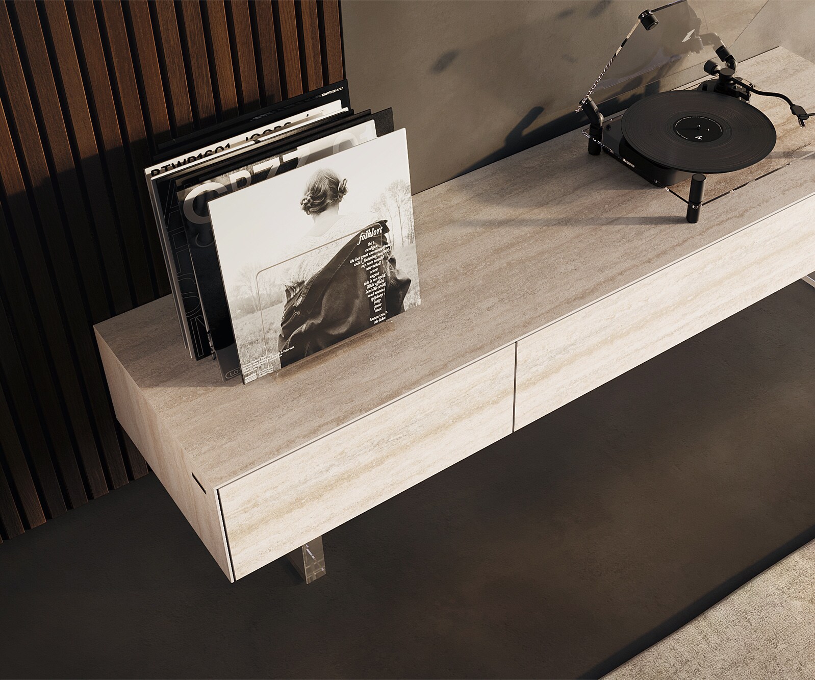 Ниска дъска Cuor 150 cm Керамичен ламинат® Travertino Bianco Крем-бяло 1 клапа 1 чекмедже Основа Плаващ вид акрилно стъкло 4