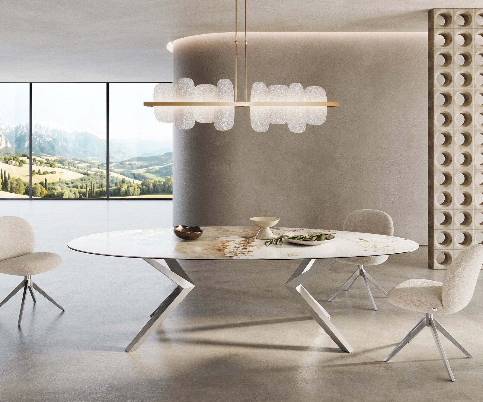 Трапезна маса Edge Oval 280x130, керамика Minas Melange, бяло-бежово, Zenthara, с остри ръбове, неръждаема стомана