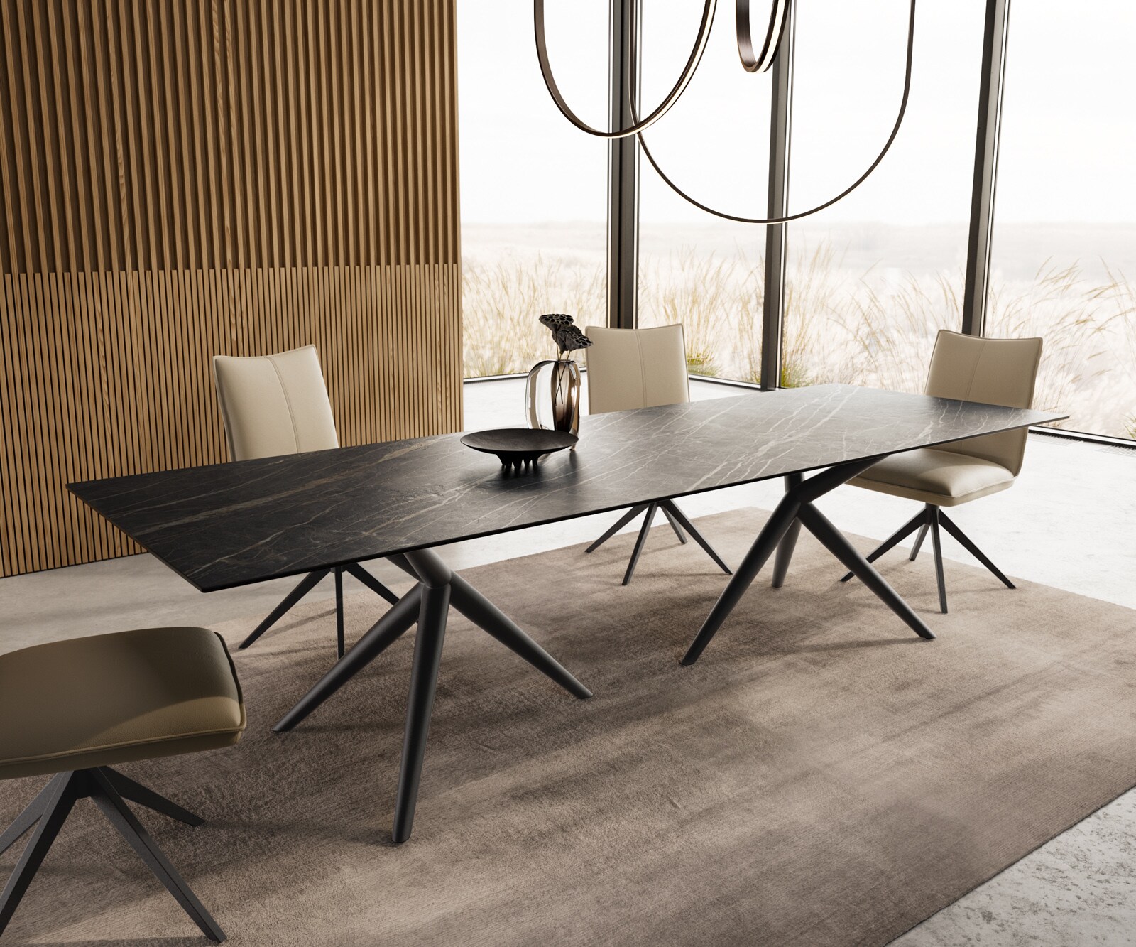 Трапезна маса Edge 300x100, керамика Laminam „®“, Noir Desir, кафяво Estelar, кръгла, метал, черна