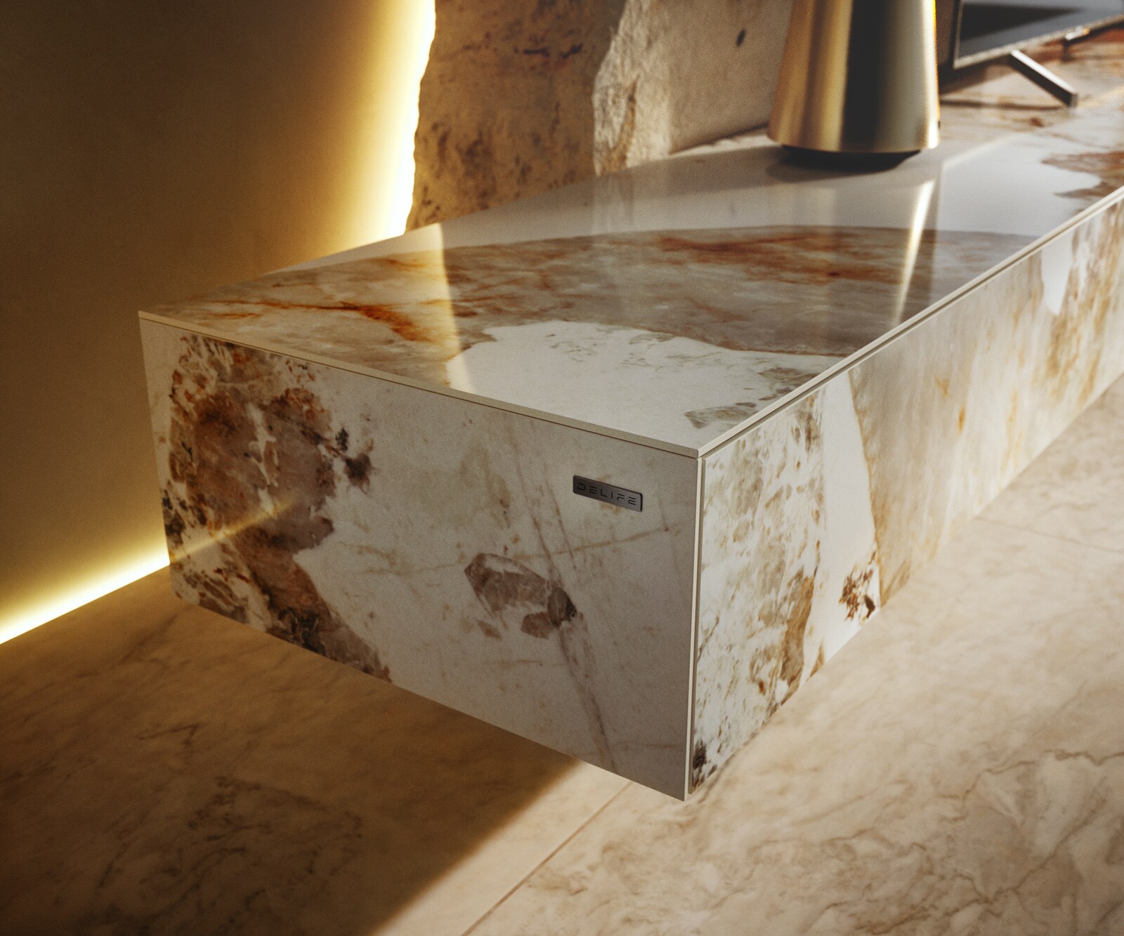 Ниска дъска Cuor 250 cm Керамика Minas Melange Бяло-бежово 1 клапа 1 чекмедже Основа Плаващ вид Метал Черно 7