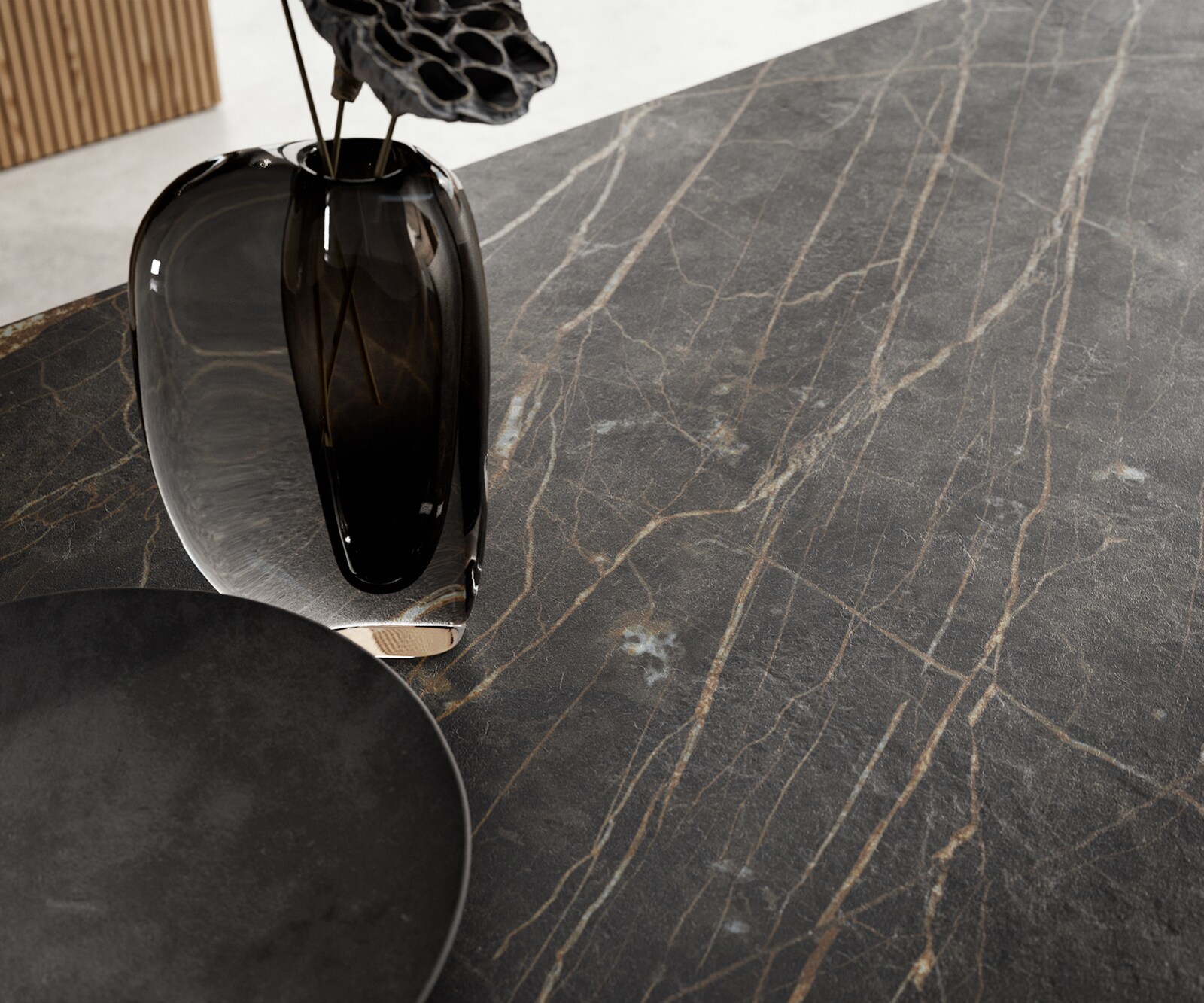 Разтегателна трапезна маса Edge 180-220х100 см Керамика Laminam®Noir Desir Кафяв W-образна основа Титаниев цвят 7