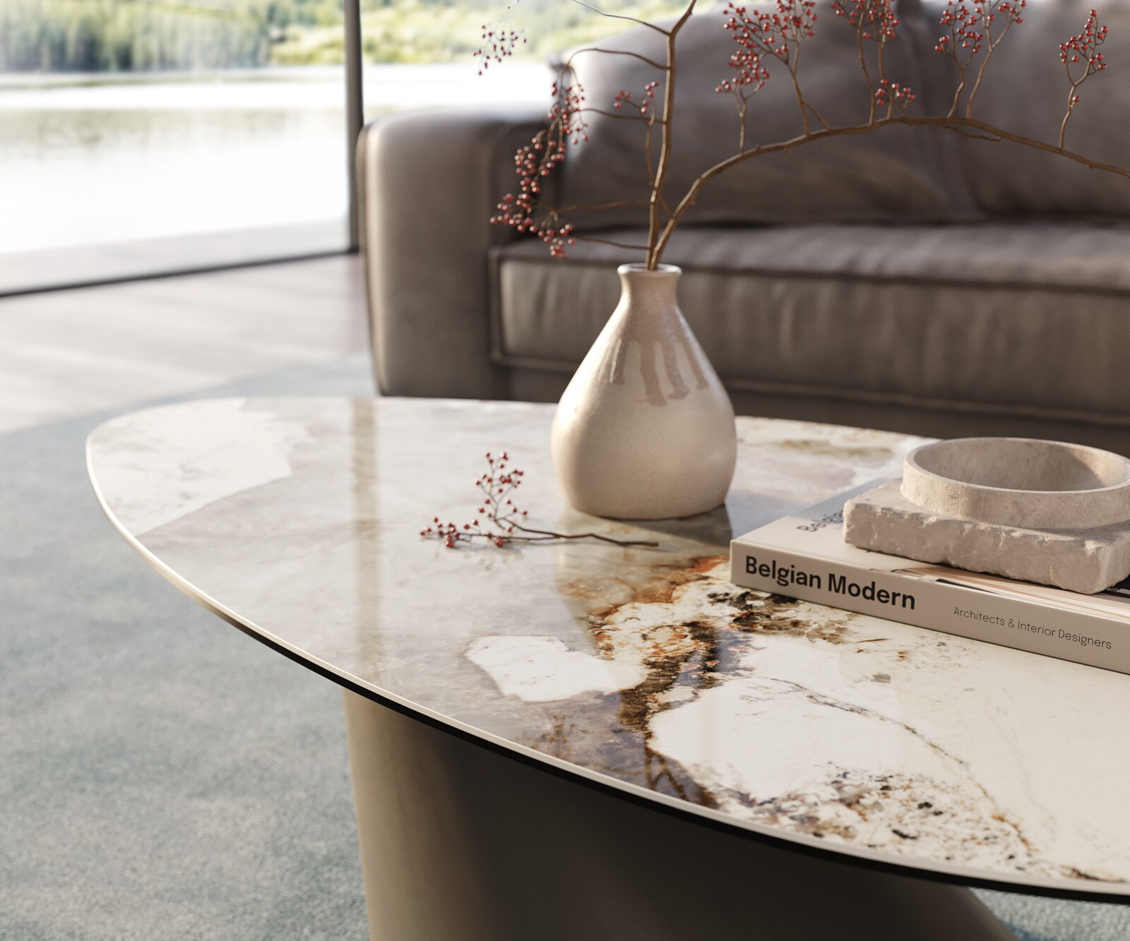 Масичка за кафе Edge Organic 140x76 cm керамика Minas Melange Conis метален ефект покритие титан 6