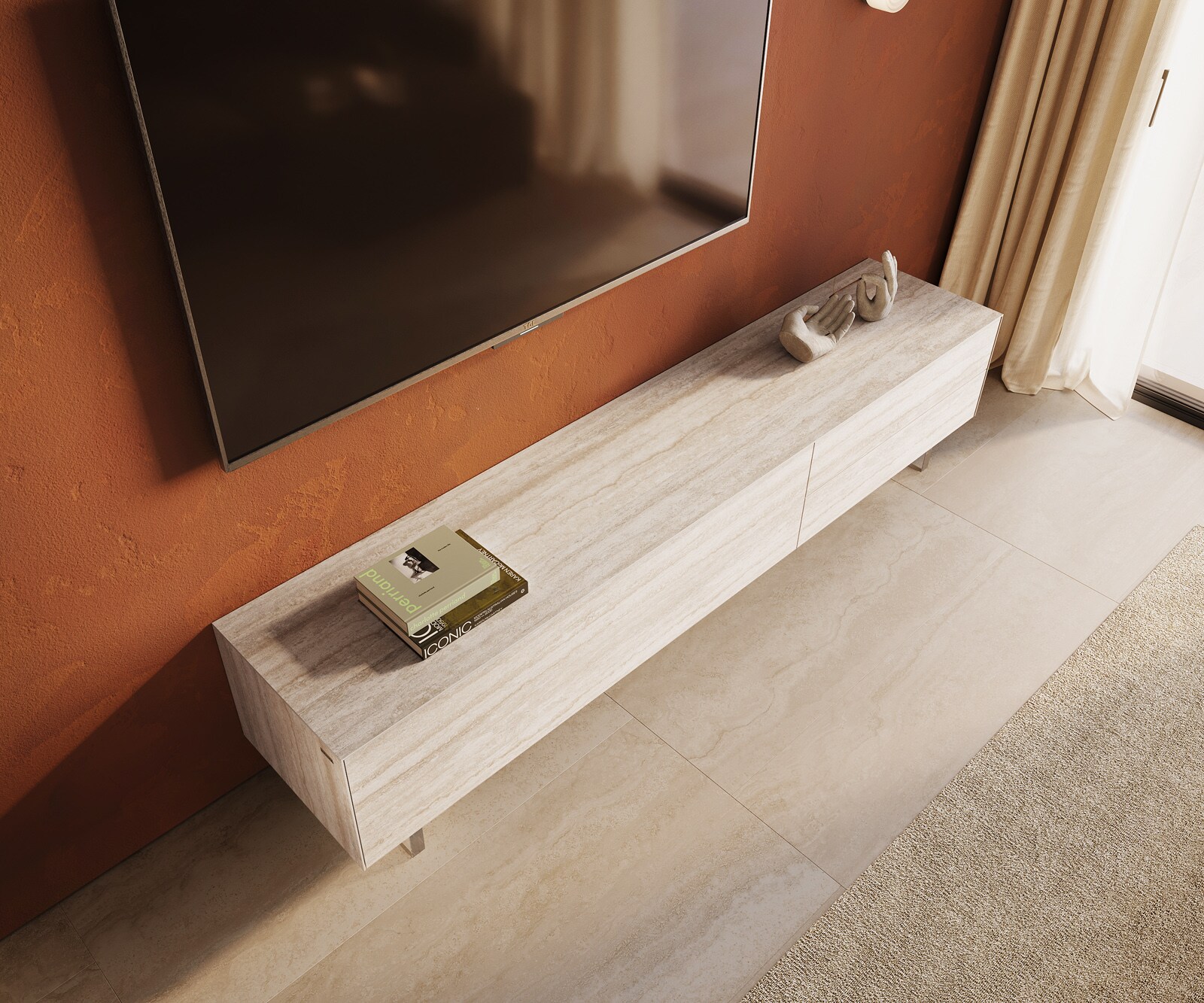 Ниска дъска Cuor 220 cm Керамичен ламинат® Travertino Bianco Крем-бяло 1 клапа 2 чекмеджета Основа Плаващ вид акрилно стъкло 4