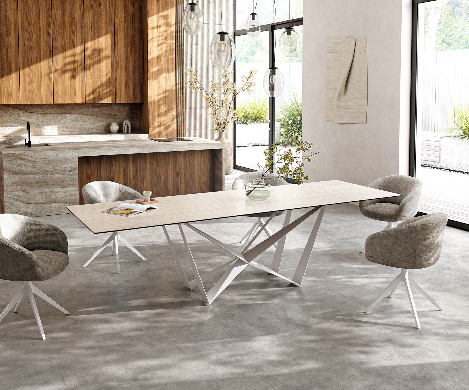 Трапезна маса Edge 300x100, керамика Laminam „®“, Travertino Bianco, кремаво-бяла, Spider, метал, бял 1