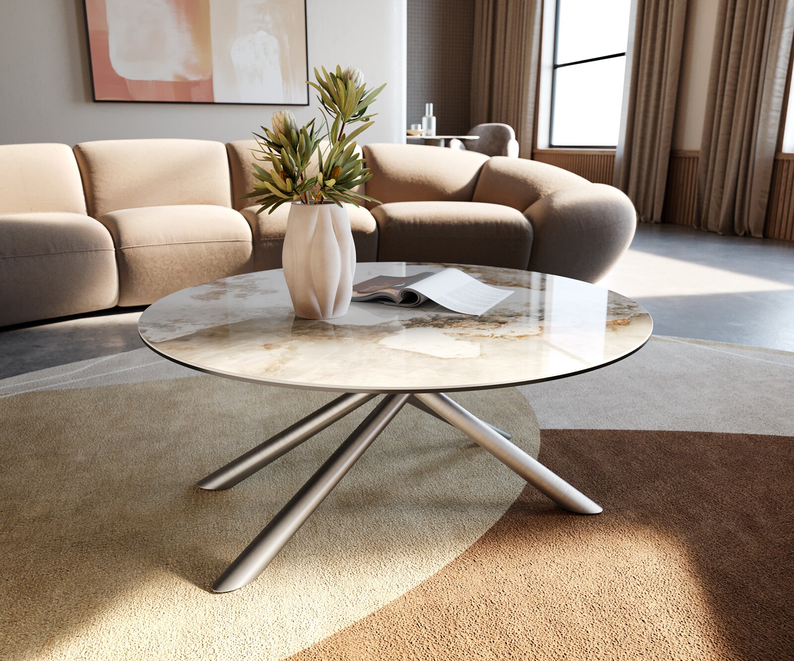 Масичка за кафе Edge, кръгла, 90x90 cm, керамика Minas Melange Sarity, матирана неръждаема стомана 1