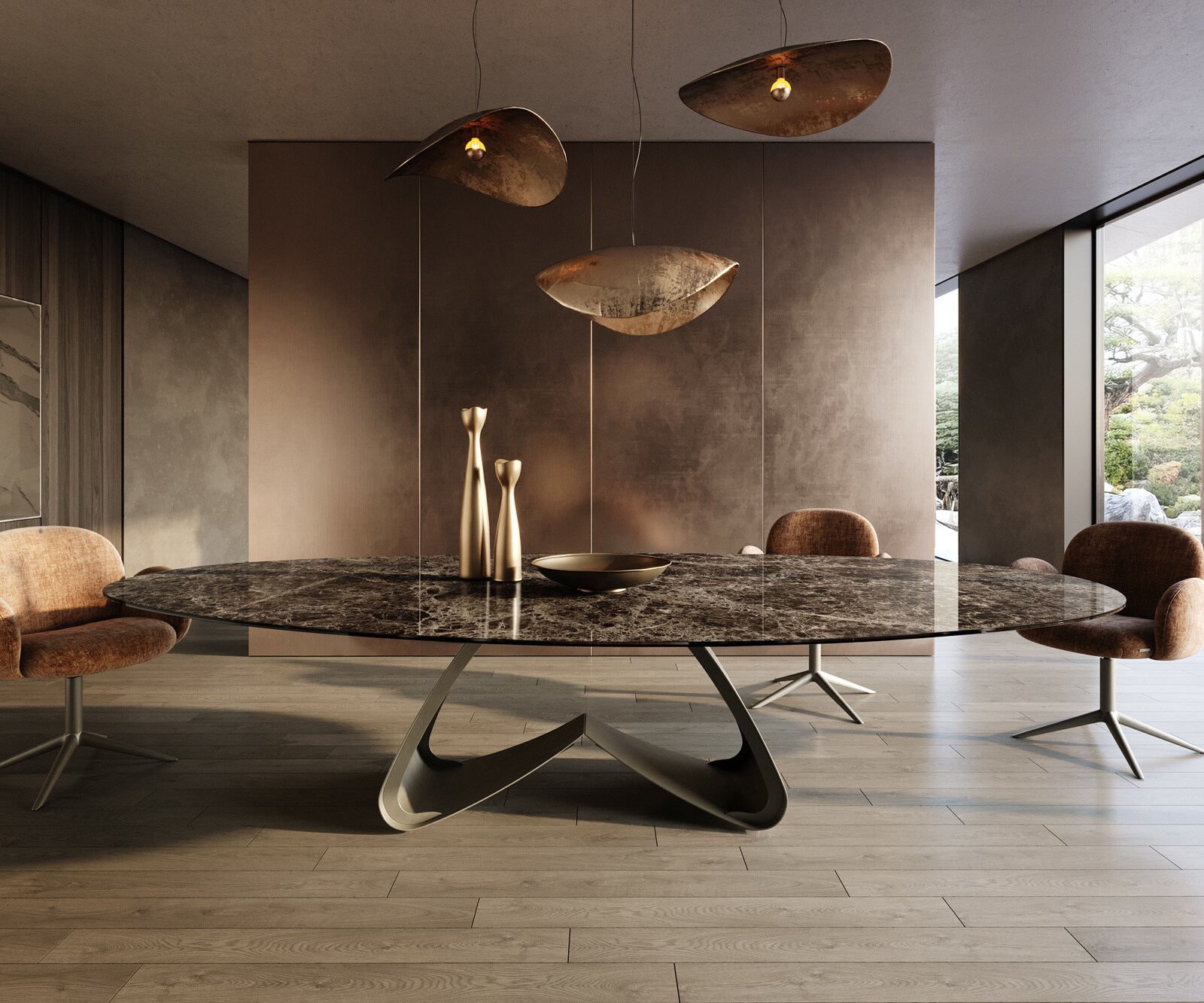 Трапезна маса Edge Oval 315x150 см, керамика Emperador Extra Lucidato, тъмнокафява, метална рамка W с титанов ефект 2