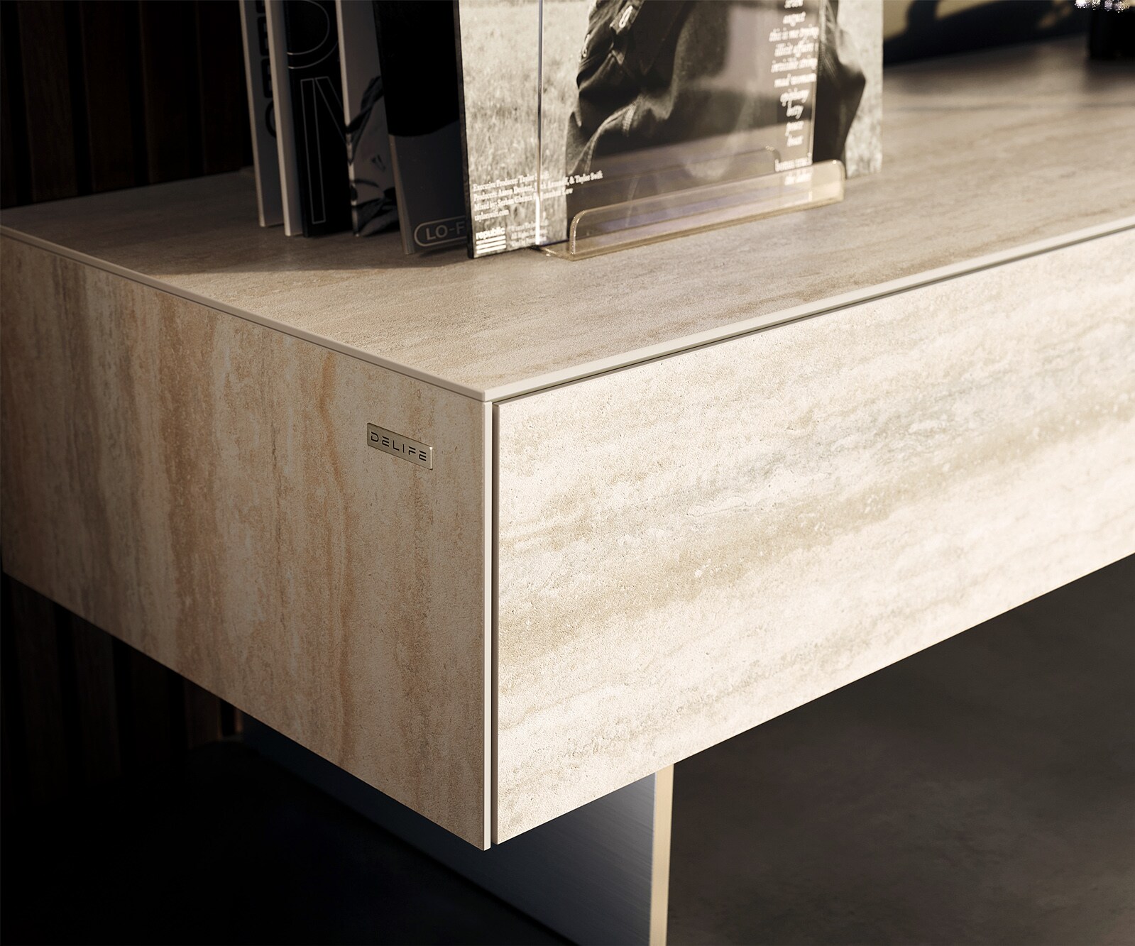 Ниска дъска Cuor 150 см Керамичен ламинат® Travertino Bianco Крем-бяло 1 клапа 1 чекмедже Основа Плаващ вид Неръждаема стомана 6