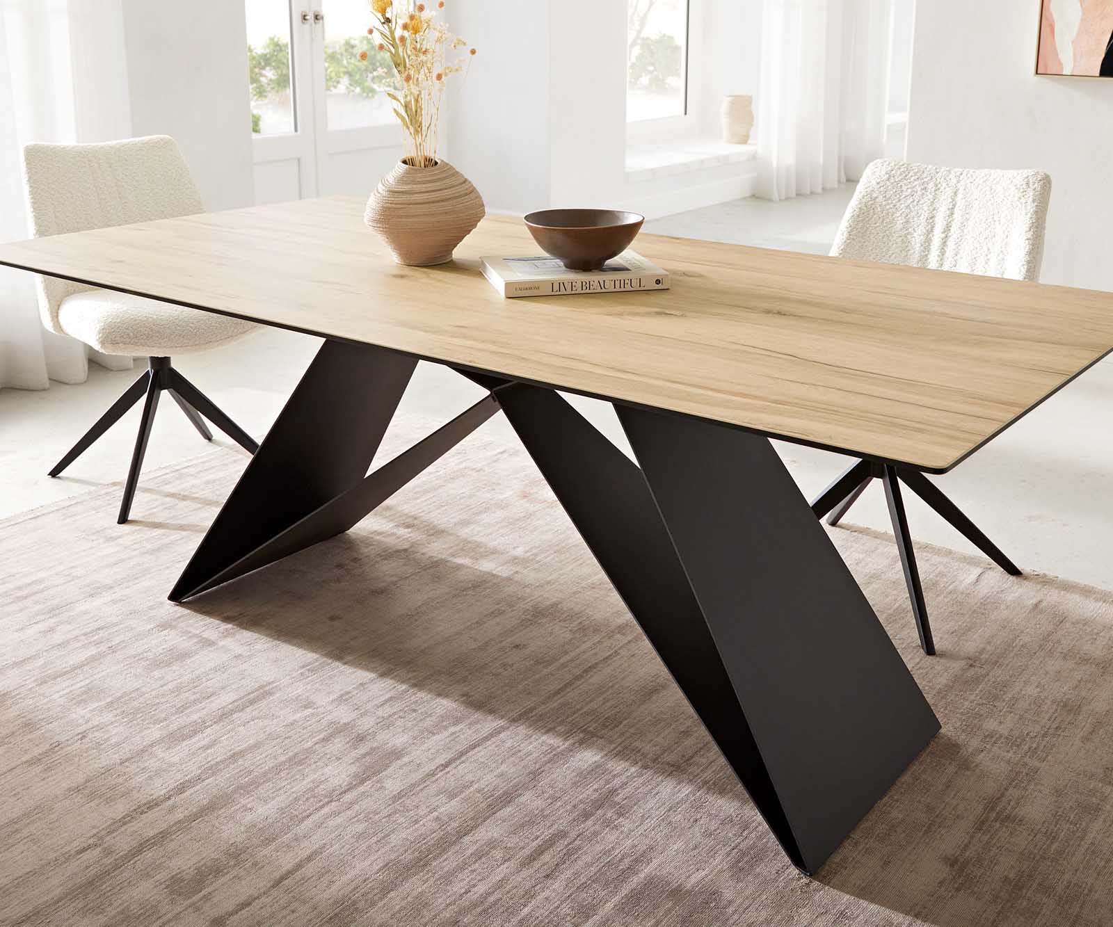 Маса 200x100 Keramik Laminam® Sabbia Дъбfarbig V-Рамка плоска стомана Черен Edge 6