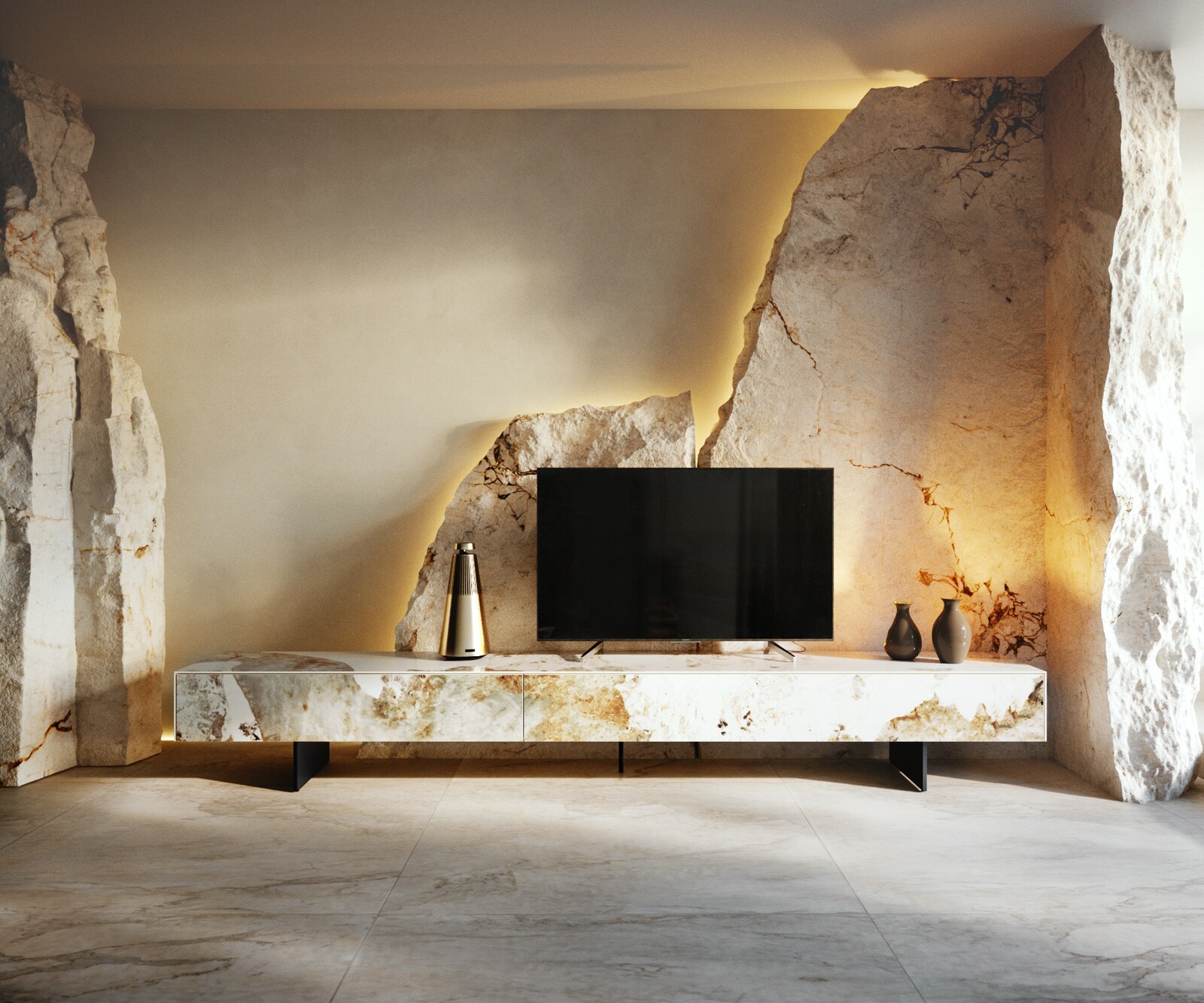 Ниска дъска Cuor 250 cm Керамика Minas Melange Бяло-бежово 1 клапа 1 чекмедже Основа Плаващ вид Метал Черно 1