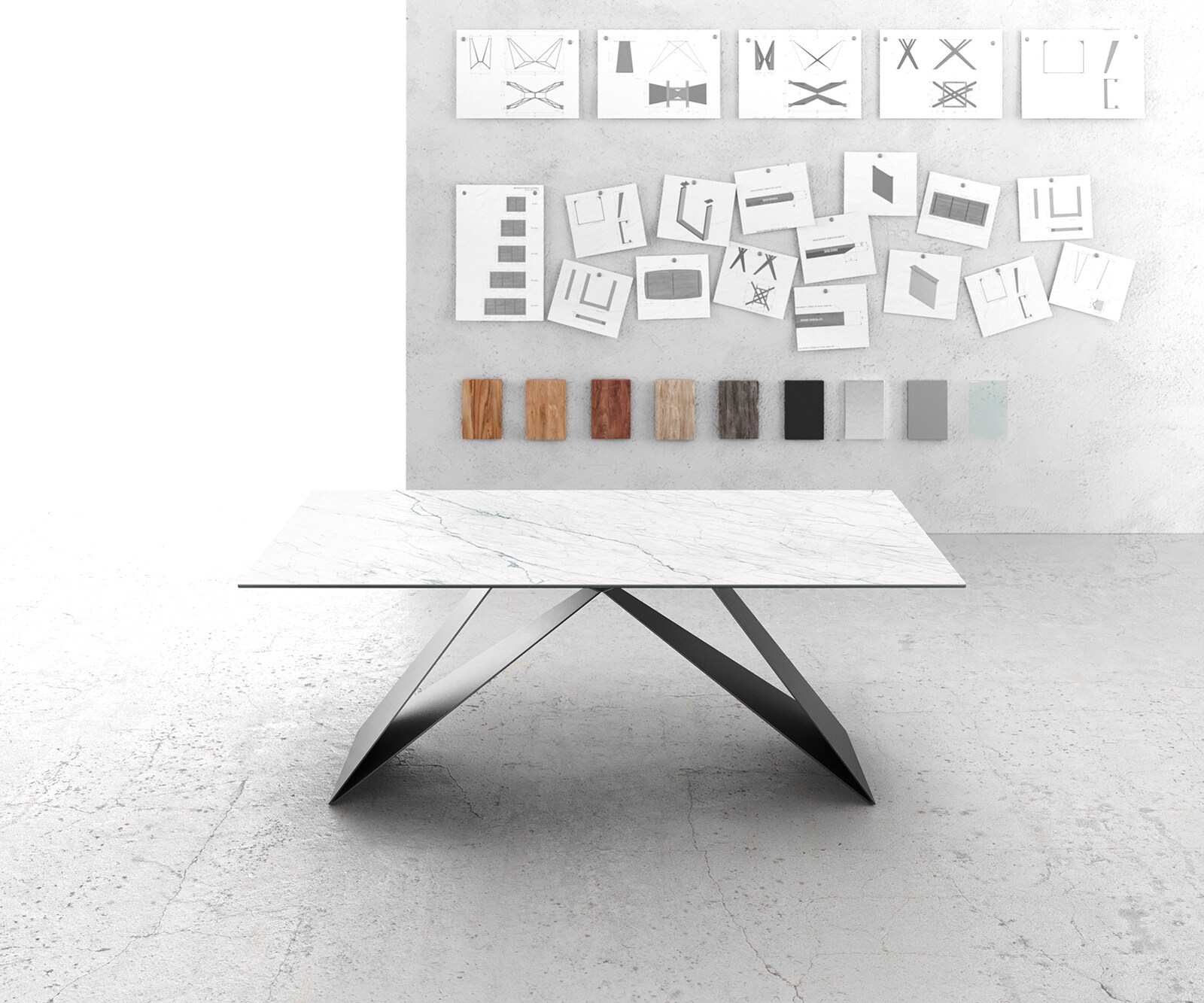 Маса 200x100cm Keramik Laminam®Statuarietto Бял V-среден крак Черен Edge 2