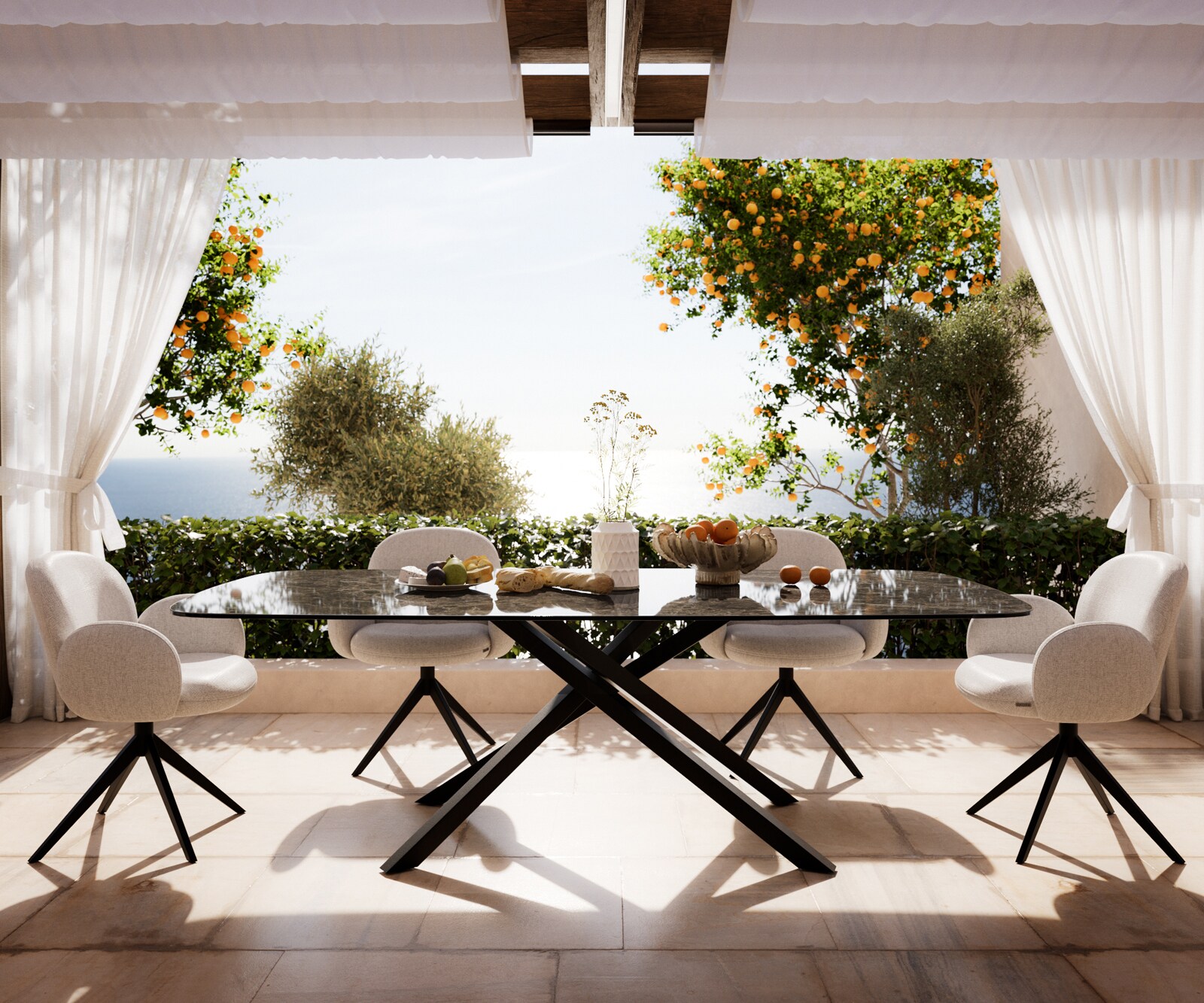 Маса Edge тип Лодка 240x120 см, керамика Laminam „®“, Подходяща за външна употреба, Emperador Extra Lucidato, тъмнокафяво, кръстосана рамка, правоъгълна, черна 2