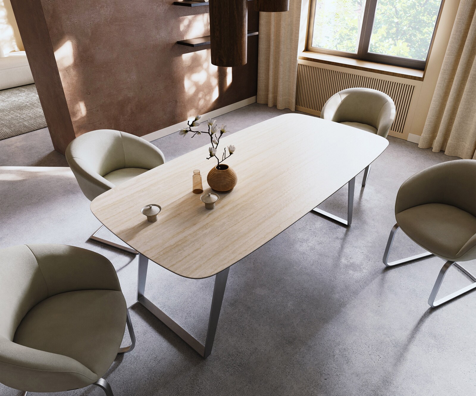 Трапезна маса Edge Boot 200x100, керамика Laminam „®“, Travertino Bianco, кремаво-бяла, неръждаема стомана, наклонена 4
