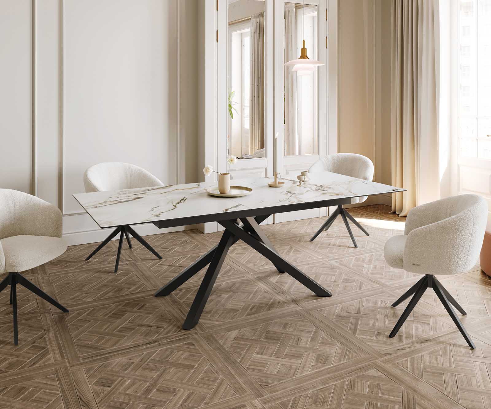 Разтегателна трапезна маса Edge 180-220х100 см Керамика Calacatta Luxe Бял-Злато-Сив Кръсртовидна основа Черен 8