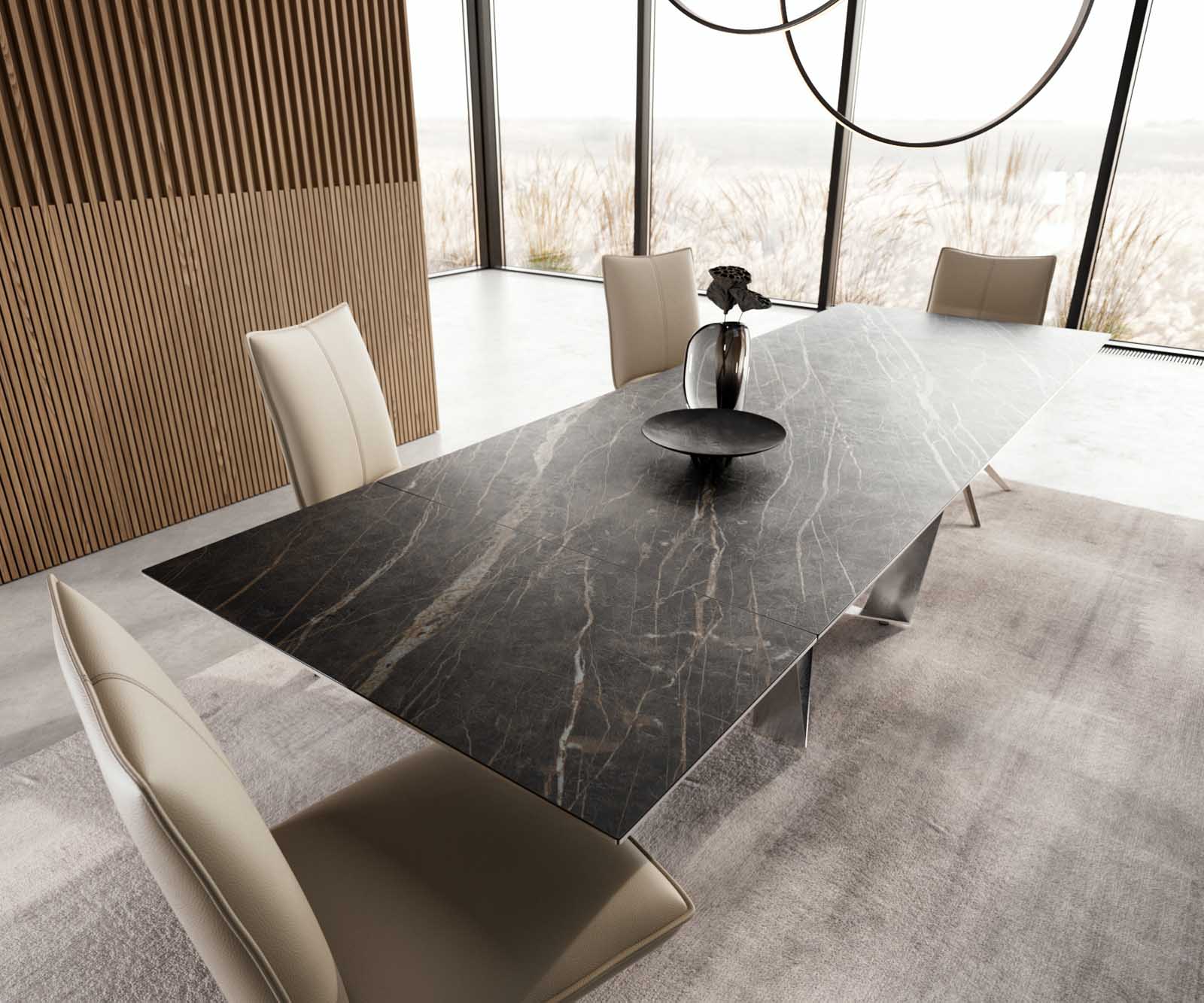 Разтегателна трапезна маса Edge 200-300х100 см Керамика Laminam®Noir Desir Кафяв Основа стомана тип Spider Сребристосив цвят 4