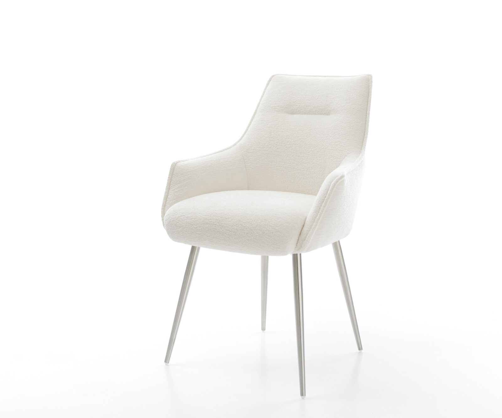 Стол за хранене Alja-Flex с подлакътници Bouclé Soft Beige 4-крака с конусовидна сърцевина от джобни пружини от неръждаема стомана