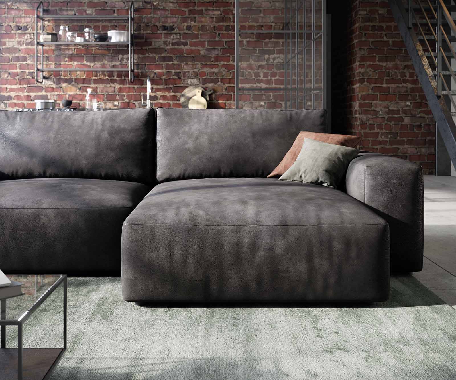 Ъглов диван Lanzo L 230x155 см Имитация на кожа, Винтидж Антрацит, Лява/Дясна Лежанка 5