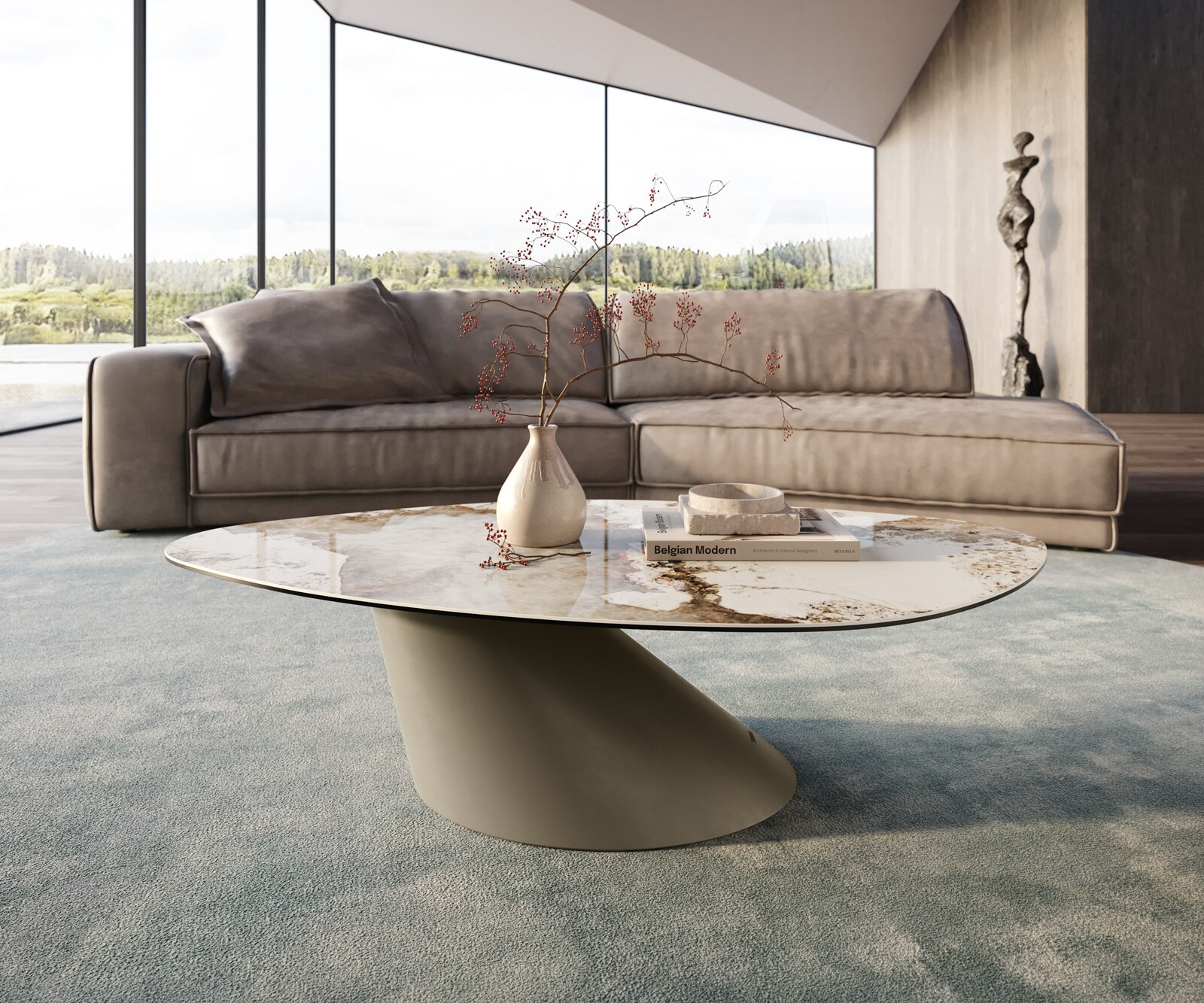 Масичка за кафе Edge Organic 140x76 cm керамика Minas Melange Conis метален ефект покритие титан 1