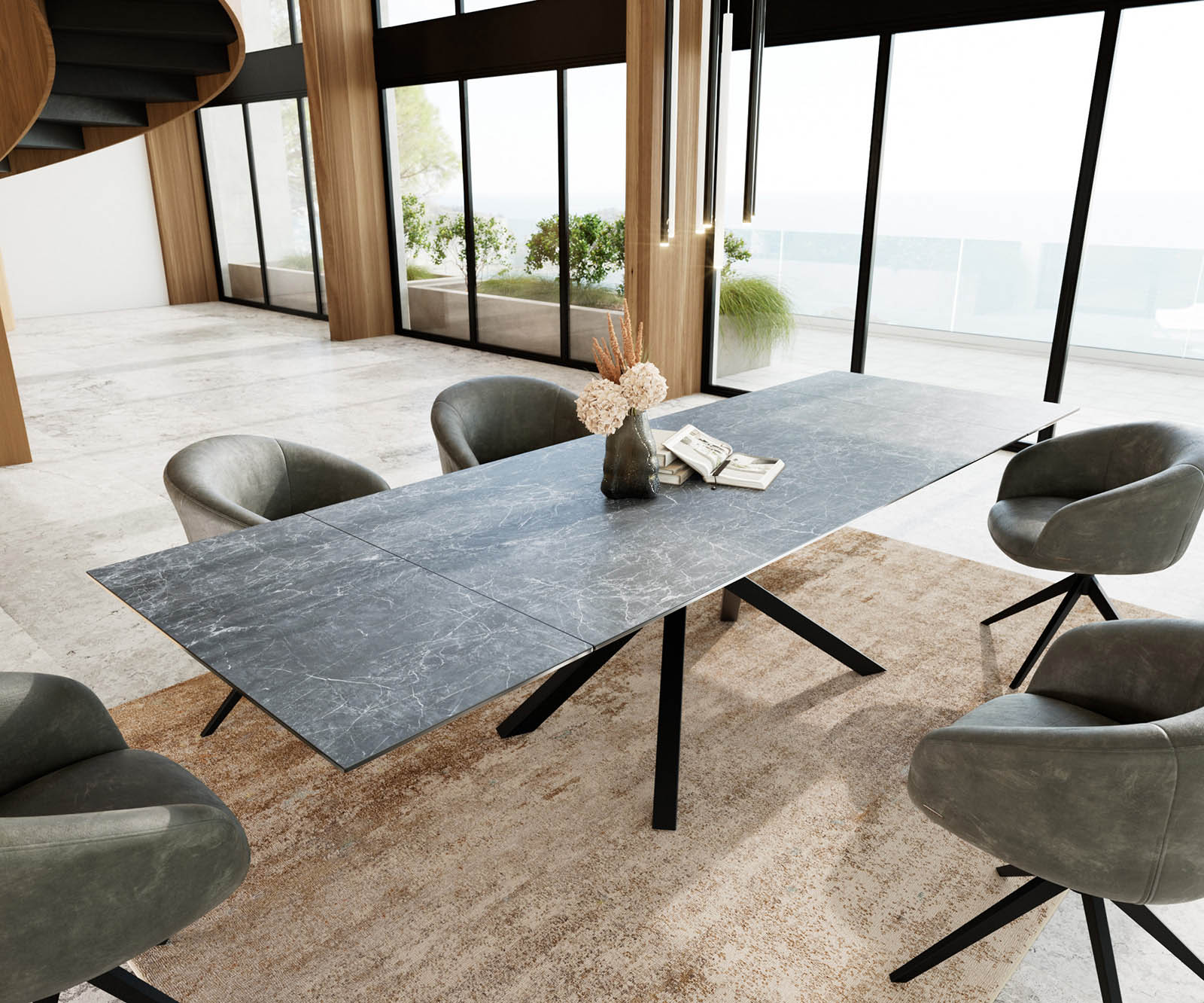 Разтегателна трапезна маса Edge 200-300х100 см Керамика Laminam® Nero Greco Антрацит Кръсртовидна основа Черен